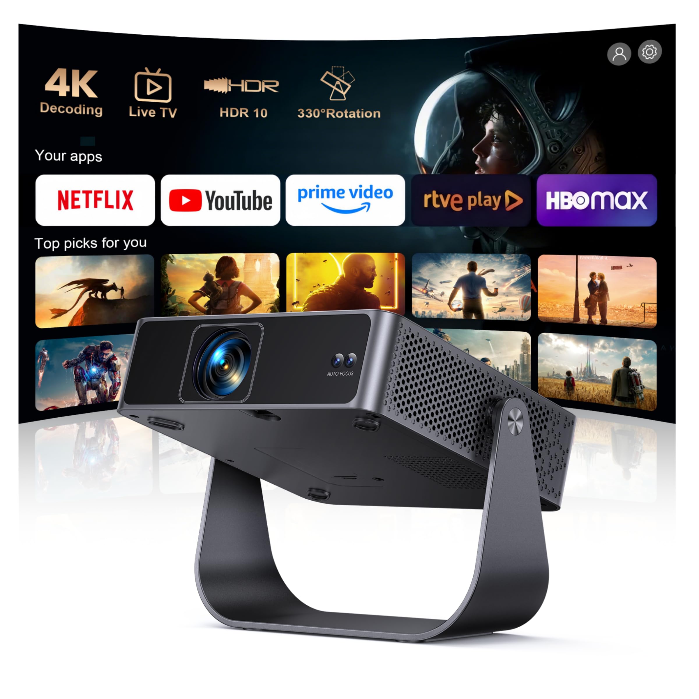 Projector 4K【Netflix Ready+Direct TV】 Portable Projector App Integrated Auto Focus/Keystone 1080P FHD Native with HDR10, 330° Swivel WiFi Bluetooth Mini Projectors Projector Home Cinema/Outdoor/HDMI