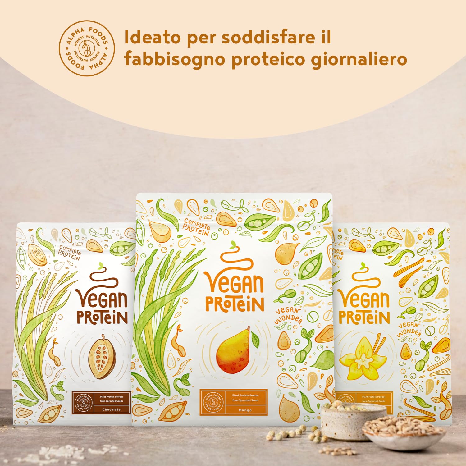 Proteine in Polvere Vegane | Gusto Mango | 21g Proteine Vegetali Isolate in Polvere di Pisello e Riso | Massa Muscolare | 600g Vegan Protein Powder | Alpha Foods