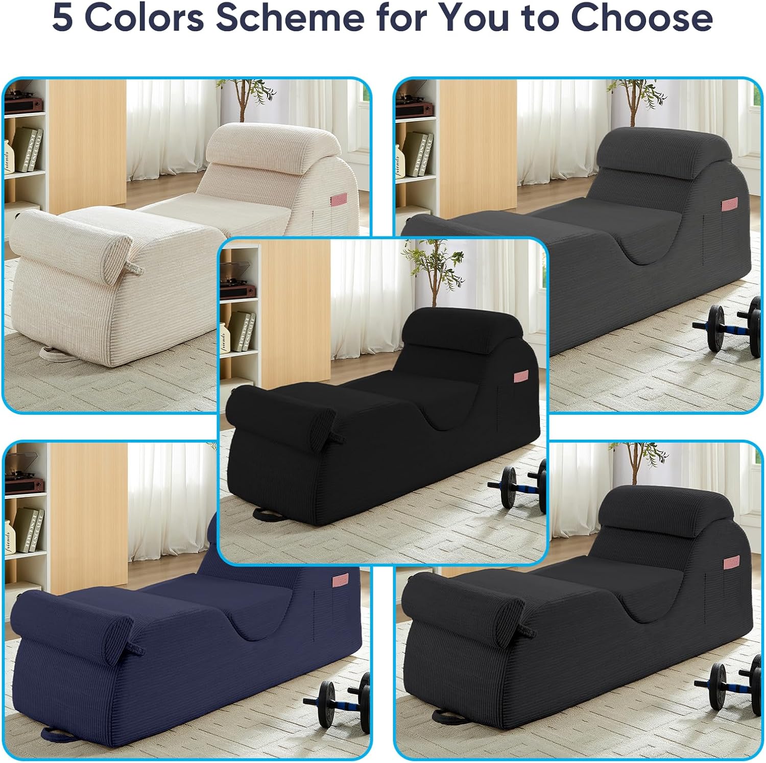 Mjkone Corduroy Yoga Chair for Adult, Chaise Lounge Chair Indoor with Side Pockets, Headrest, Waist Cushion, Movable Footrest, Curved Yoga Sofa for Relaxation Stretching for Bedroom, Black