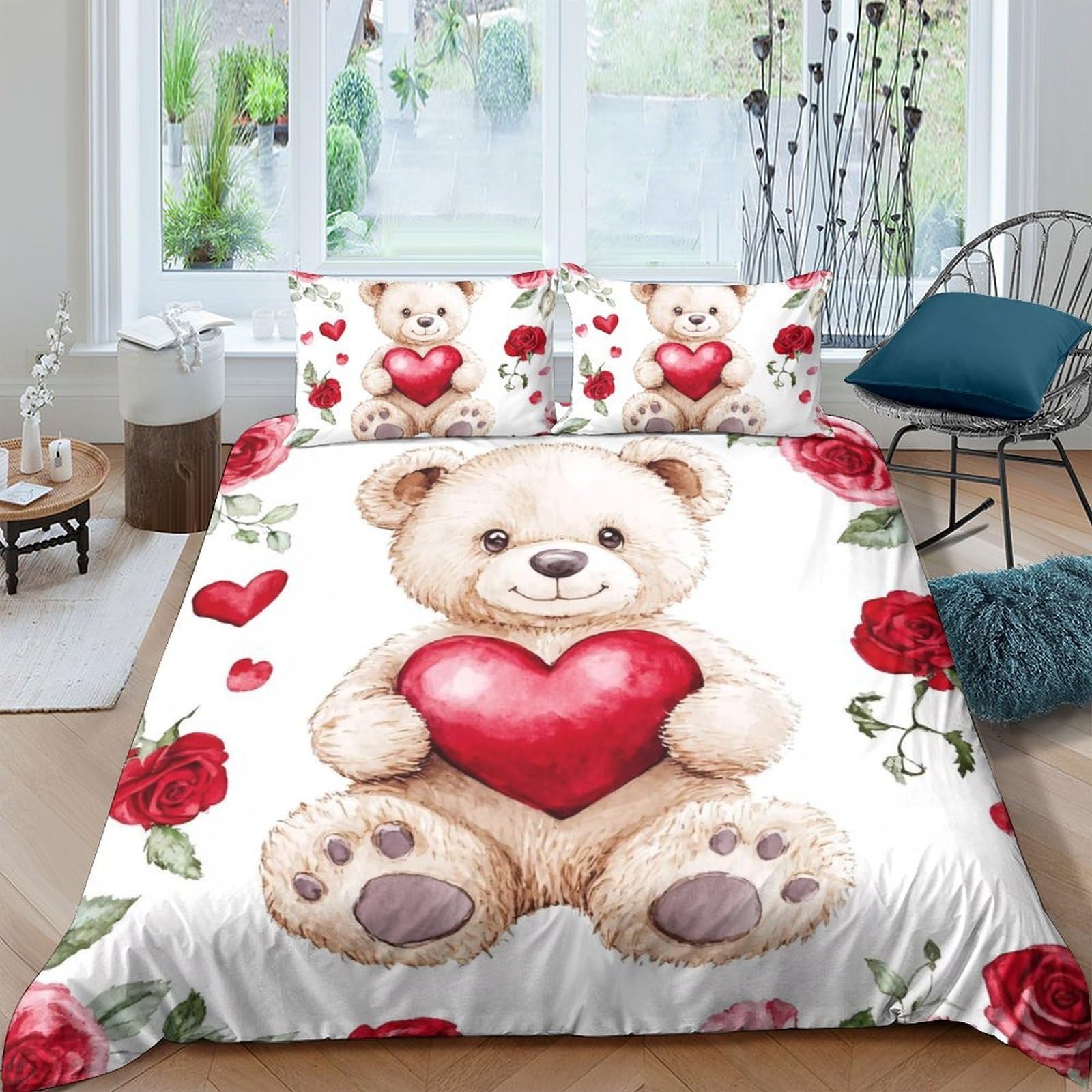 Ctjqhvkz Style-6 3D Printed Teddy Bear Heart Fitted Sheet Microfiber Soft Rose Bed Cover For Bedroom Guest Room Mattress Protection Single（135X200cm）