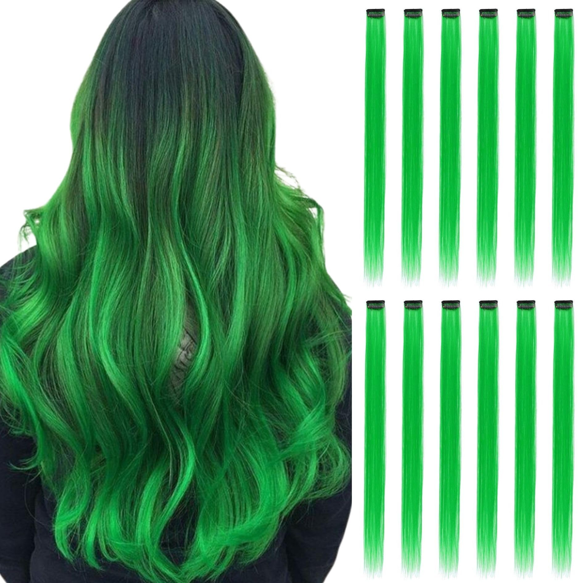 BUMMSEVEN Colored Hair Extensions Clip in for Kids Girls Women, 22 inch Straight, 12 pieces Green
