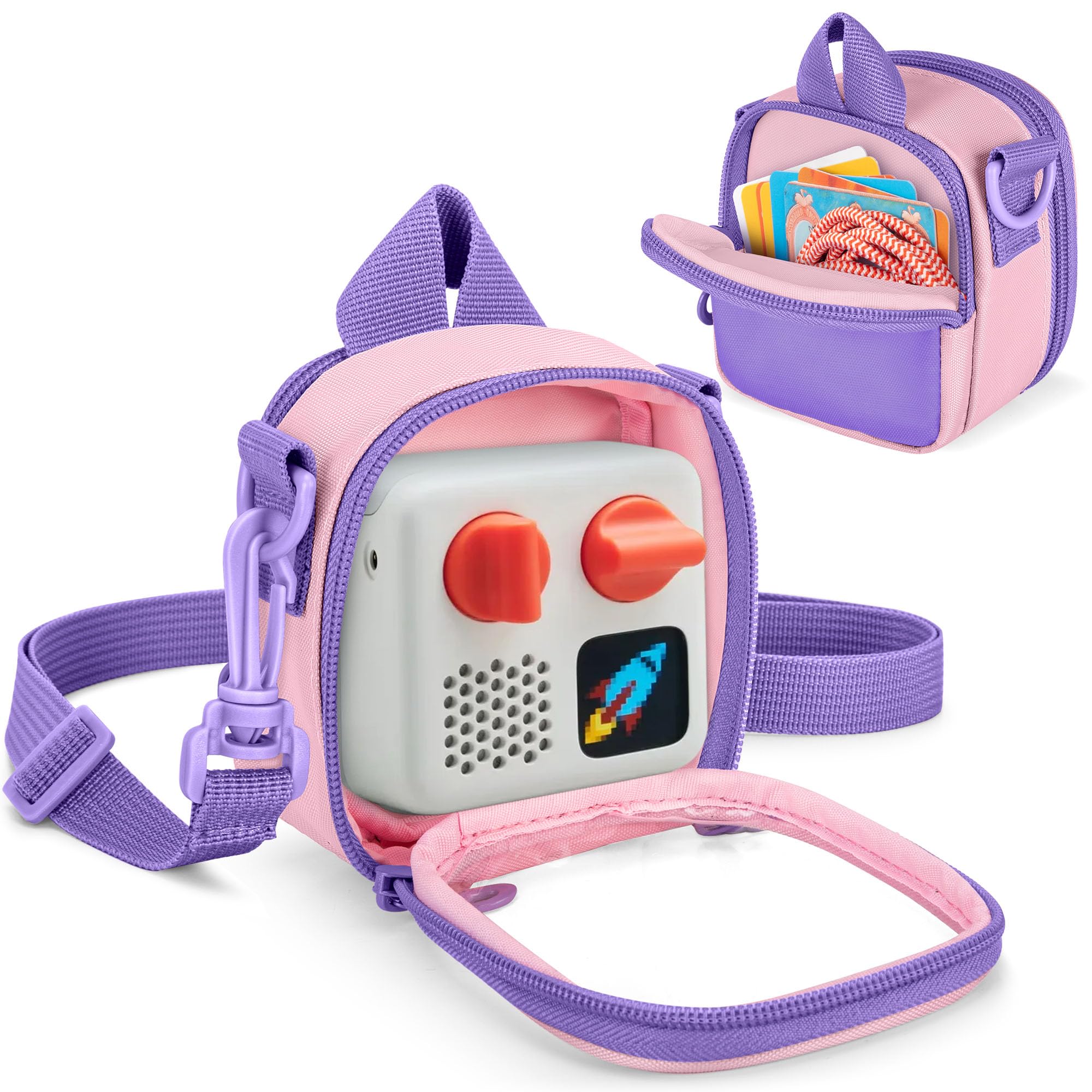 LoDrid Étui de Transport Compatible avec Yoto Mini (édition 2024), Sac de Rangement Portable pour Lecteur Audio avec bandoulière Amovible, Poche arrière pour Cartes ou Accessoires, Violet