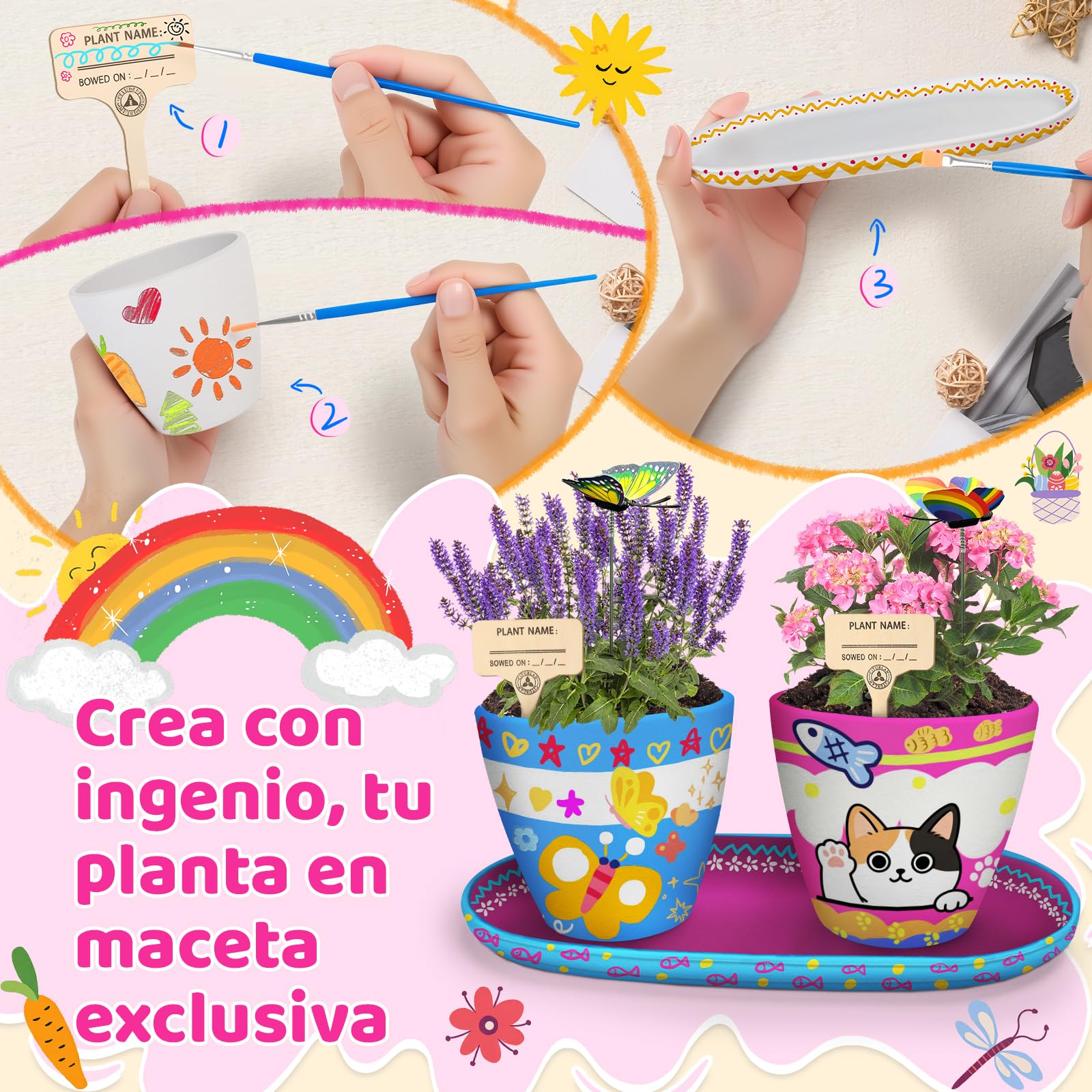 IEEILULU Kit Jardineria Niños, Set Macetas Pintar 35 Piezas, Kit DIY para Pintar Macetas con Herramientas de Jardinería para Niños, Set Huerto Infantil Manualidades Regalos para 3+ Años