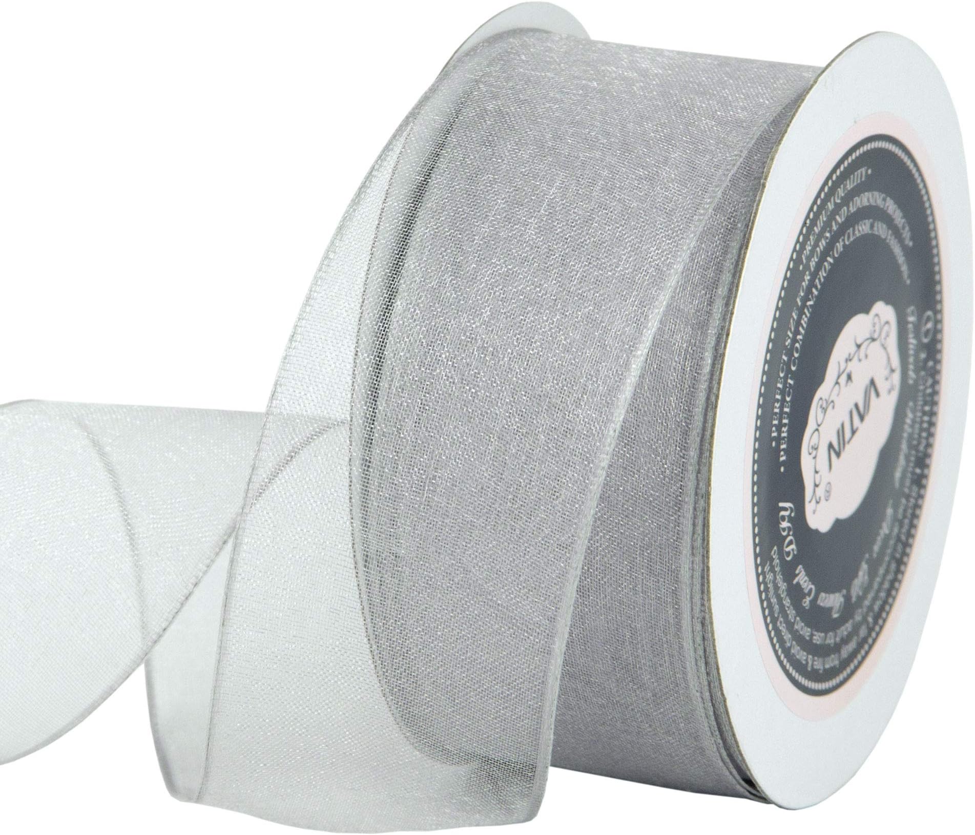VATIN Christmas Ribbon Sheer Organza Wired Ribbon 38mm x 23m -Grey/Silver,Perfect for Making Bows and Wreaths