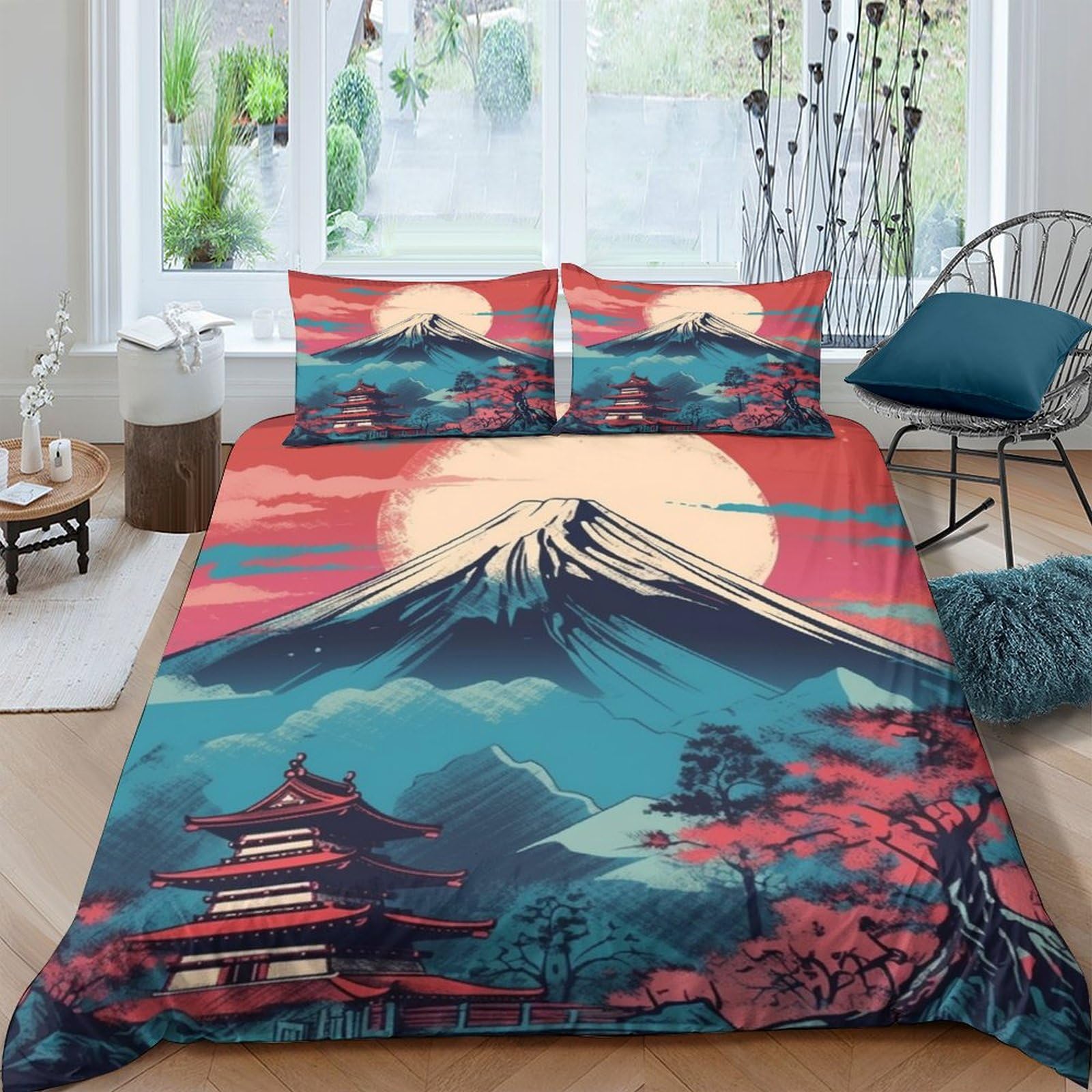 Mount Fuji Printed Duvet Cover Set Soft Microfiber Japanese Style Bedding Set for Adults Teenager Kids 3Pcs Quilt Cover with Zipper Closure for Home Decoration Double（200x200cm）