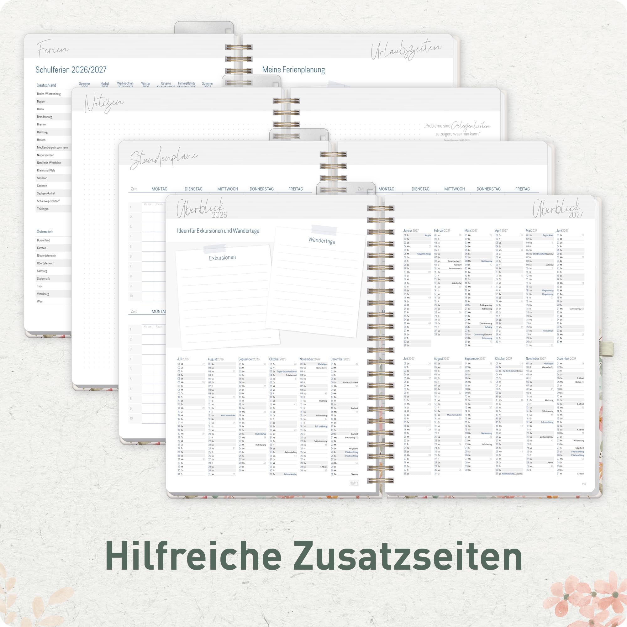 Häfft® Lehrerplaner 2026/2027 A4+ Deluxe – Großer Lehrerkalender & Schulplaner 26/27 mit Hardcover & Spiralbindung "Wild Blossoms" – Für Grundschule, weiterführende Schulen & Referendariat