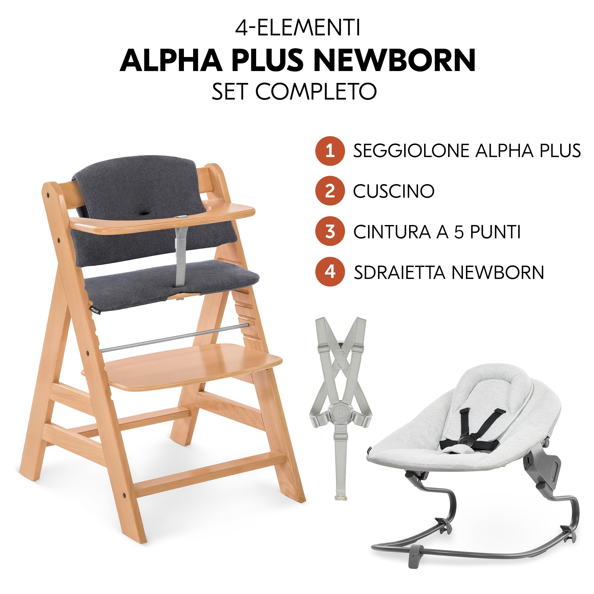 hauck Seggiolone Pappa Evolutivo Alpha Plus Newborn Set Premium, dalla Nascita, con Sdraietta Neonati 2in1 Regolabile e Dondolo, Cintura a 5 Punti e Cuscino in Cotone (Bouncer Light Grey, Naturale)