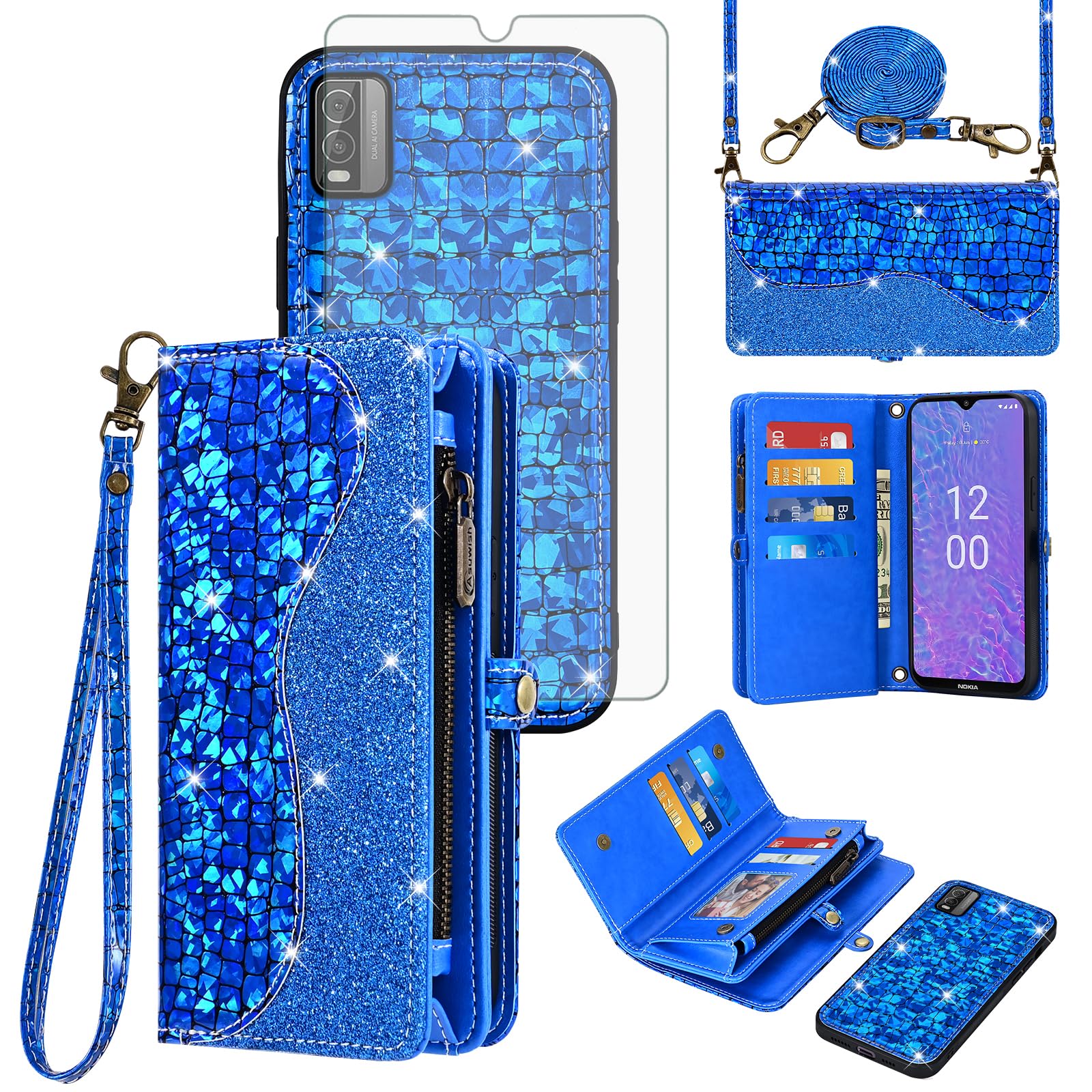 Asuwish Phone Case for Nokia C210 TA-1584 Zipper Wallet Detachable with Tempered Glass Screen Protector Cover and Card Holder Slot Wrist Strap TPU