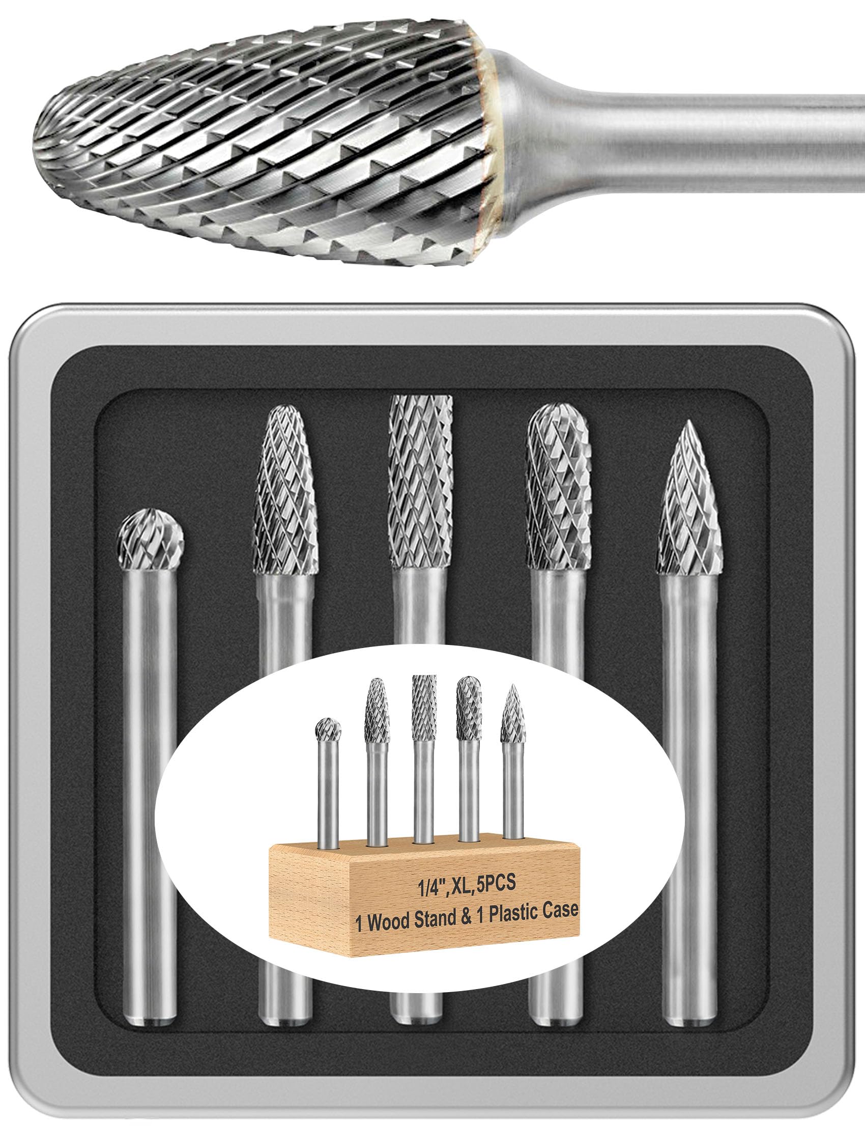 5Pcs Carbide Burr Set 1/4 Shank w/Clear Box Head Dia 8mm Die Grinder Bits Rotary Tools Attachment Kit Rasp File Accessories Metal Wood Stone Steel Grinding Deburring Cutting Porting Carving
