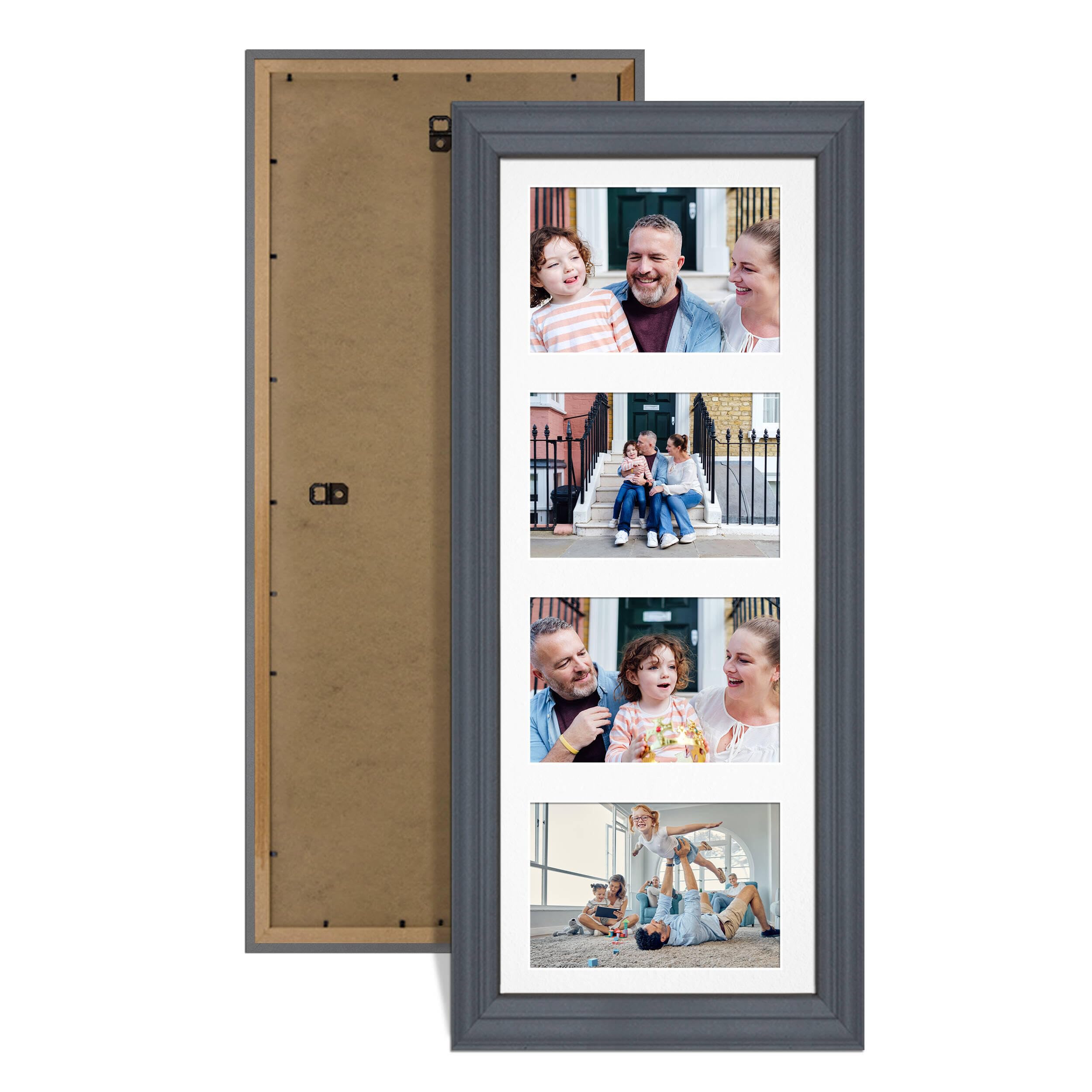 Alison Kingsgate Dark Grey 50x20cm Photo frames for multiple pictures - 4 Apertures Collage Frame with White Mount - Holds (4x) 6x4 Photos - Engineered Wood & Perspex