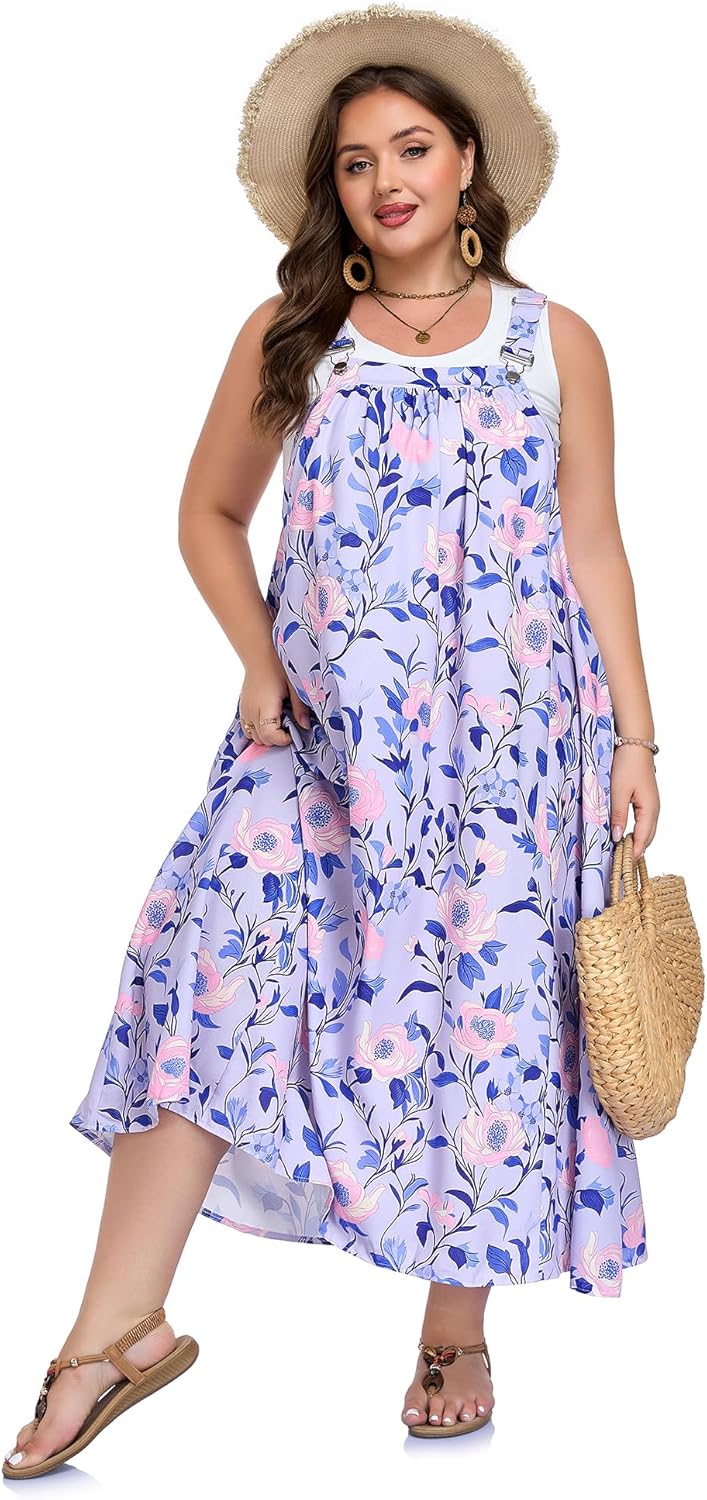 Moon Wood Plus Size Overall Dress for Women Floral Maxi Dress Casual Loose Fit A-Line Flowy Jumper Dress with Pockets - Image 5