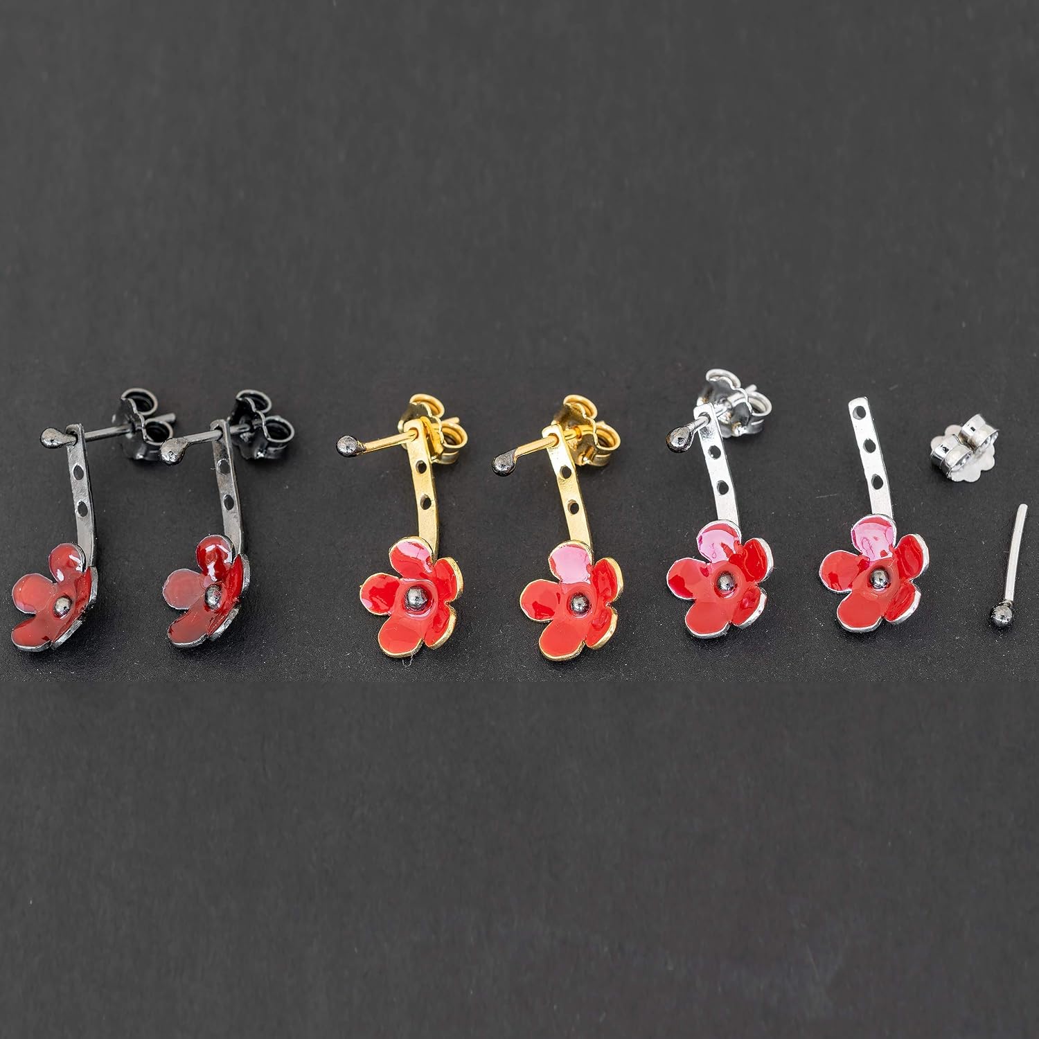 Small Ear Jacket Stud Earrings in 925 Sterling Silver, Poppy Flowers with Red Enamel, Hypoallergenic and Nickel-Free - Handmade by Emmanuela