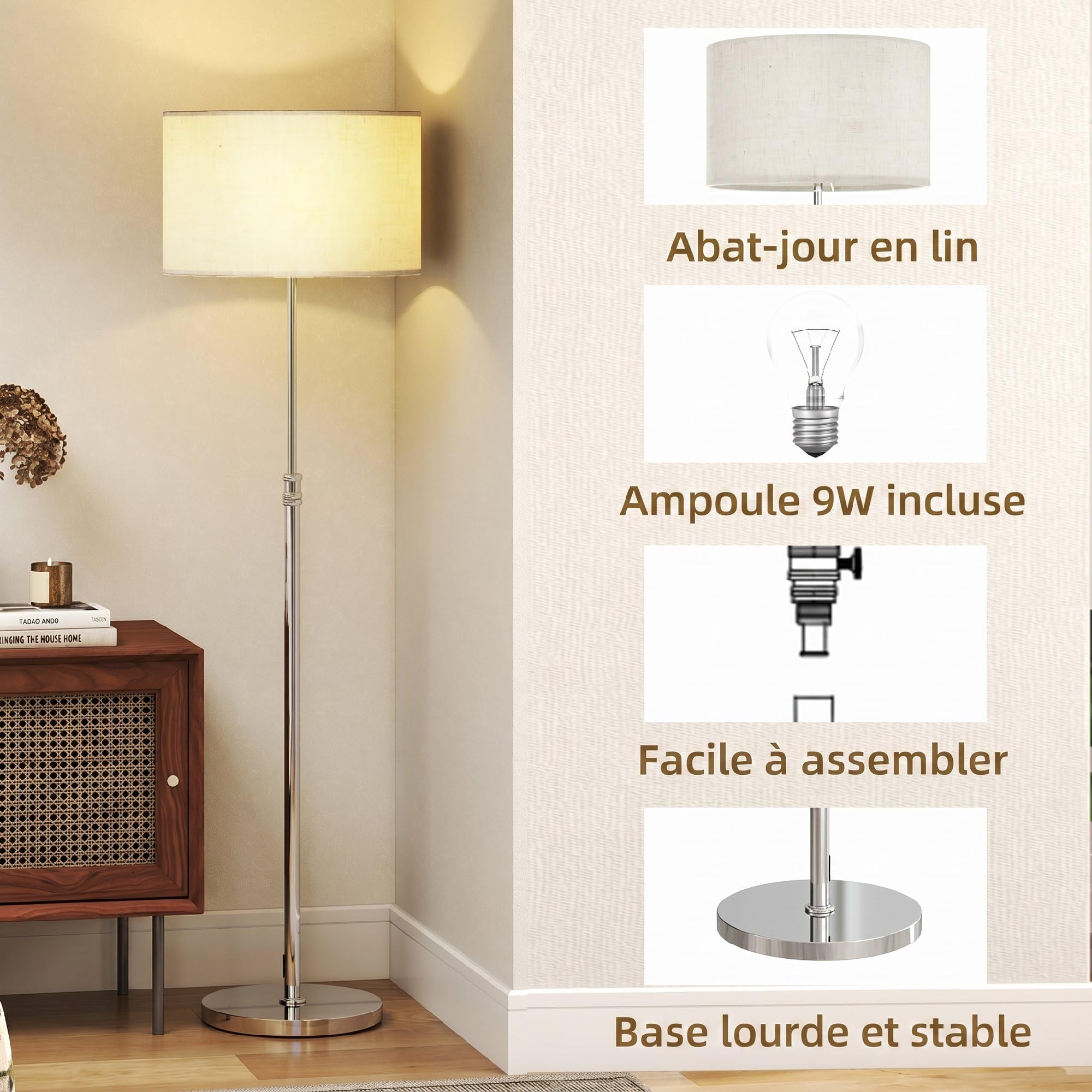 HOMCOM Lampadaire Salon avec Télécommande Hauteur Réglable 133-168cm Argent
