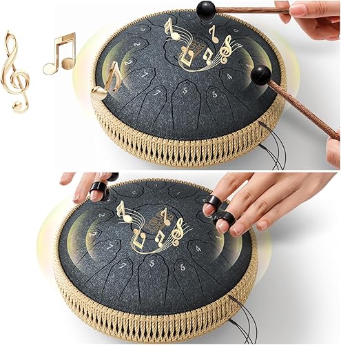 Miniatura 2 de FOUR UNCLES Tambor de lengua de acero de 10 pulgadas, 11 notas, tambor de mano con bolsa de viaje, mazos de libros de música, instrumentos musicales