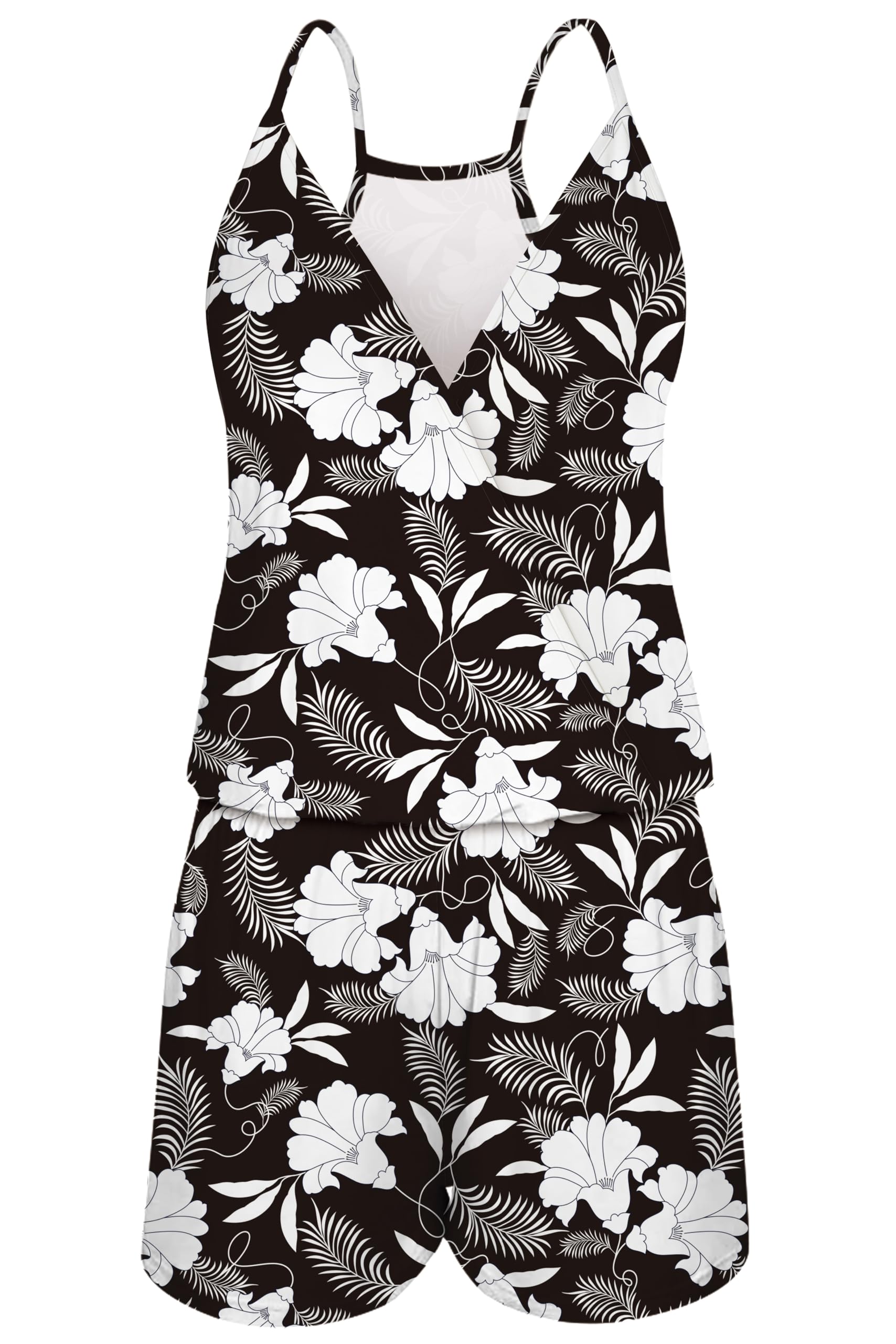 Loveternal Mono de Mujer Elegante Flor Cuello en V Sin Mangas Fuera del Hombro Mono Corto Verano Playa Mono de una Pieza con Bolsillos, XL