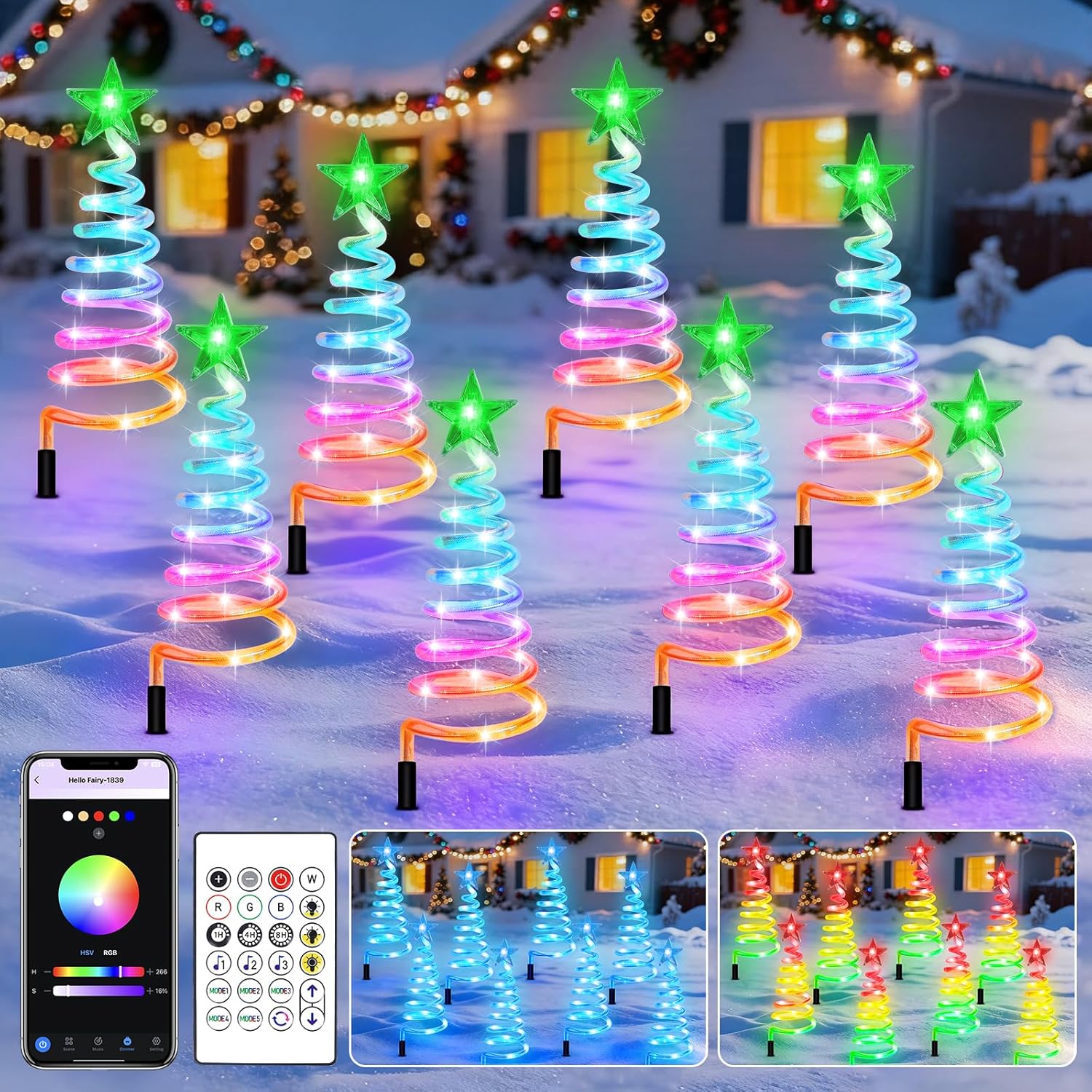 8 Pcs Christmas Pathway Lights Outdoor, Smart 19” Multicolor Spiral Xmas Tree Path Lights with APP&Remote, DIY, Timer, 120 LEDs Waterproof Christmas Yard Decorations Outdoor for Walkway