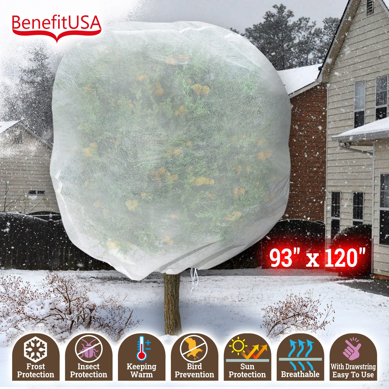 BenefitUSA Multi-Size Plant Covers Freeze Frost Protection,Warm Frost Cloth Plant Covers for Winter Frost Protection for Potted Plants Fruit Trees (120''x93'')