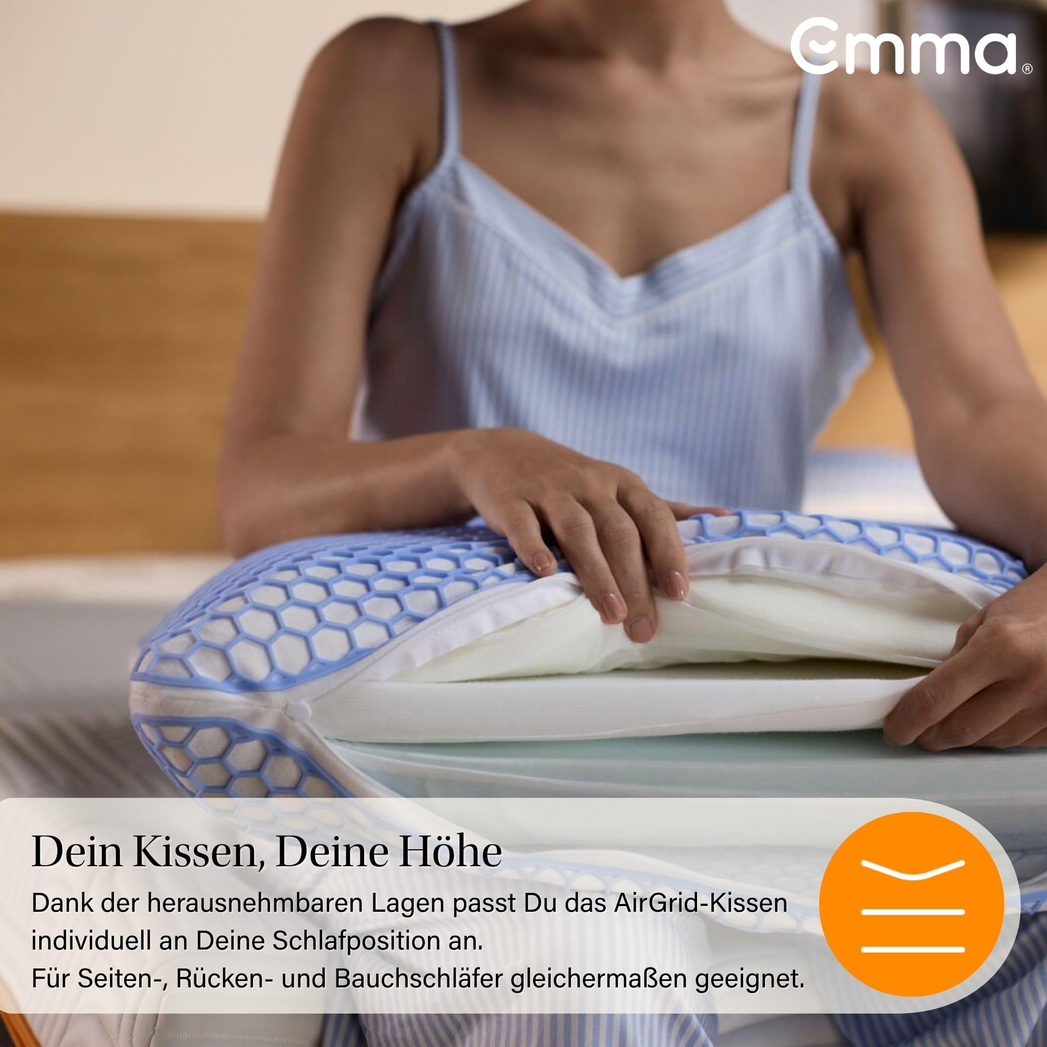 Emma Elite Stützkissen 70x40 cm – Höhenverstellbares ergonomisches Kopfkissen mit AirGrid® Kühlbezug – Atmungsaktives Memory Schaum Kissen mit waschbarem Bezug für alle Schlafpositionen
