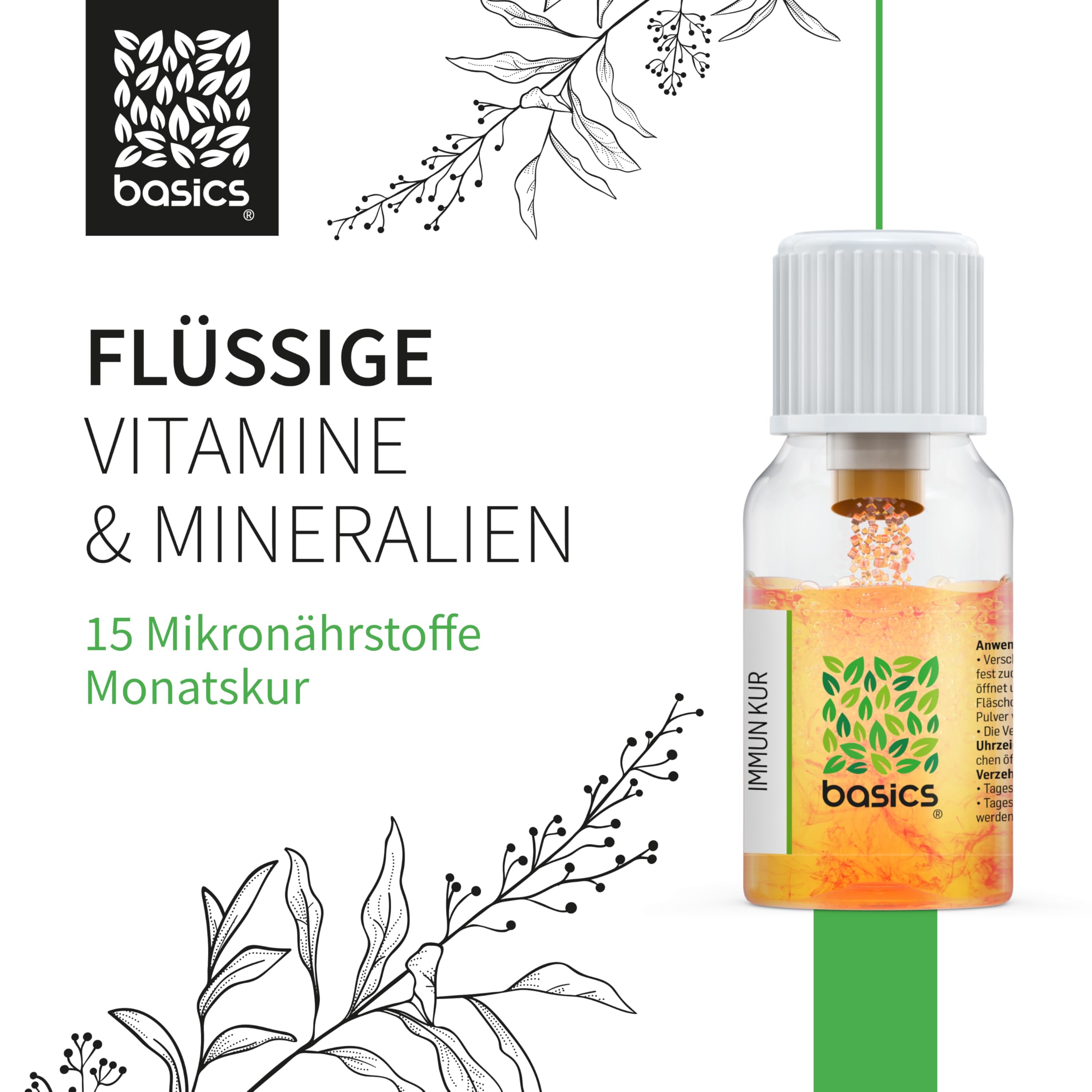 IMMUN KUR - Immunsystem stärken mit basics - Monatskur, 30 x 10ml Fläschchen - Hochdosiert, Kombination aus 15 Mikronährstoffen. Ohne unerwünschte Zusätze - Vegan - Laborgeprüft