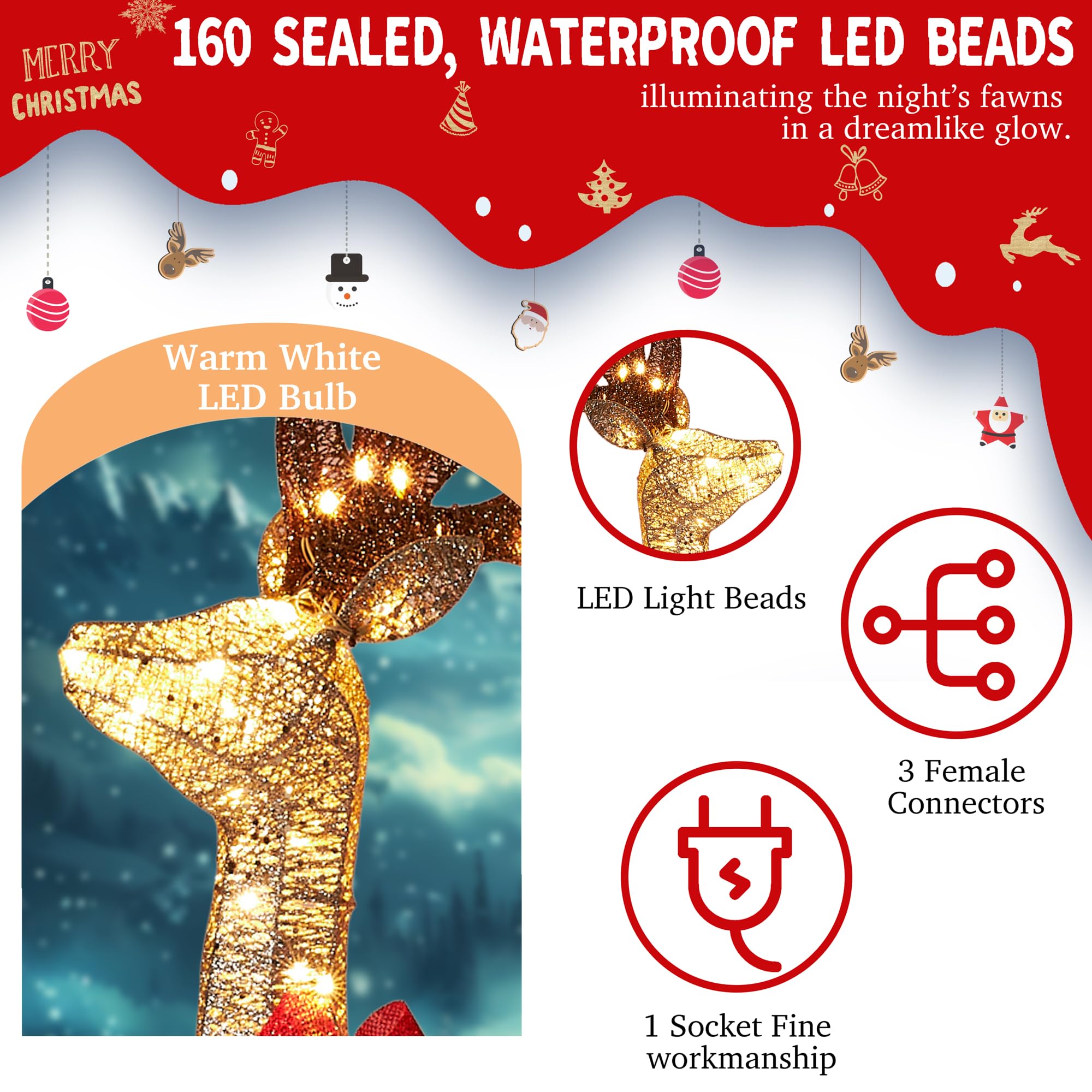 132 cm 3D Gold Groß beleuchtet Weihnachten Rentier & Schlitten Dekorationen 2 Stück Outdoor Urlaub Dekorationen Rentier Set mit 160 warmweißen LEDs Große Hofanzeige für Garten Schaufenster
