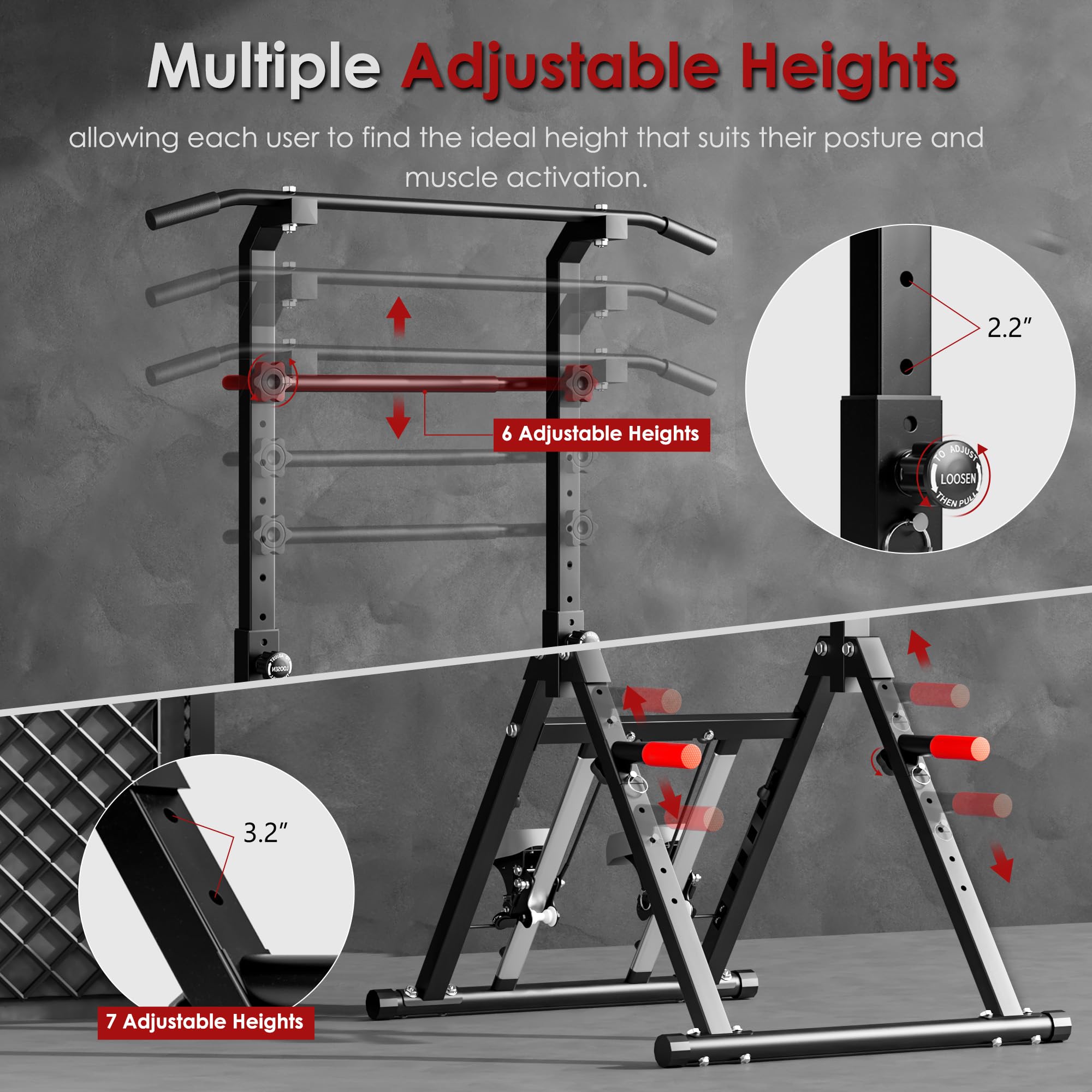 Höhenverstellbare Kraftstation Multistation mit Klettertrainer, Fitnessturm Klimmzugturm mit Stepper, 150kg Traglast Dip Station Klimmzugstation Sportgerät Heimtraining, 77,5×126×159–208cm