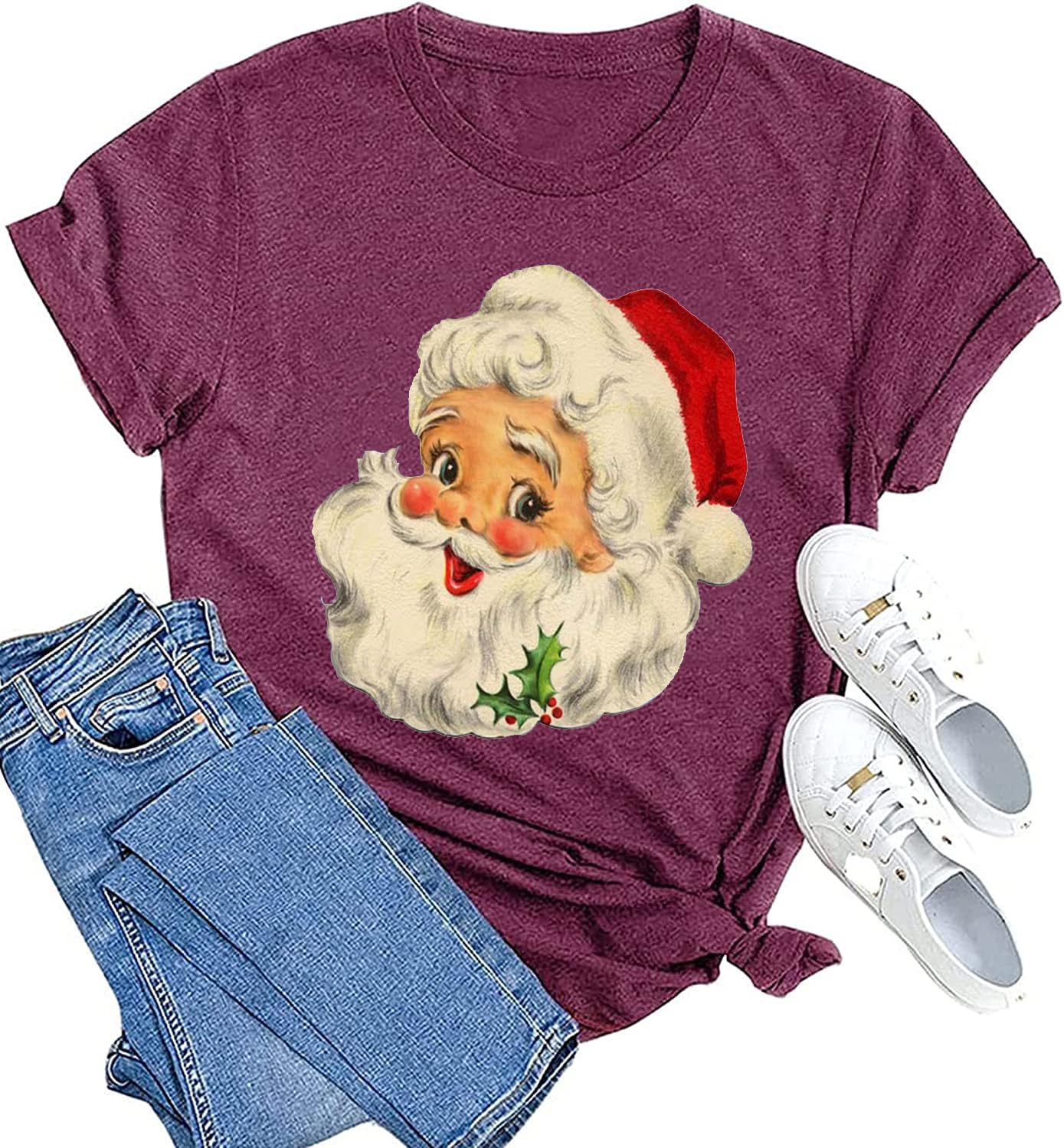 RFBIQISanta Claus Christmas T-Shirt for Women Vintage Christmas Graphic Shirts Funny Xmas Gift Top Casual Retro Holiday Tees