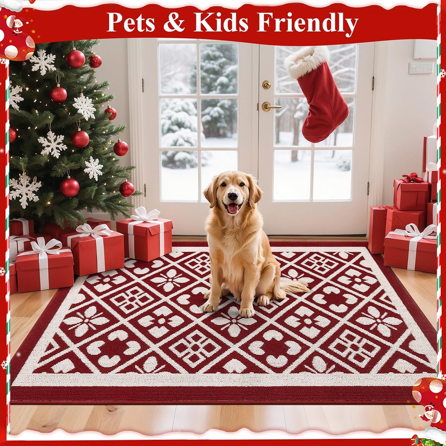 Ileading Christmas Indoor Doormat, Durable Xmas Welcome Mat 36"x60" Non Slip Entrance Rug with Rubber Backing, Machine Washable Winter Holiday Entryway Front Large Floor mat Red Small Carpet - Image 5