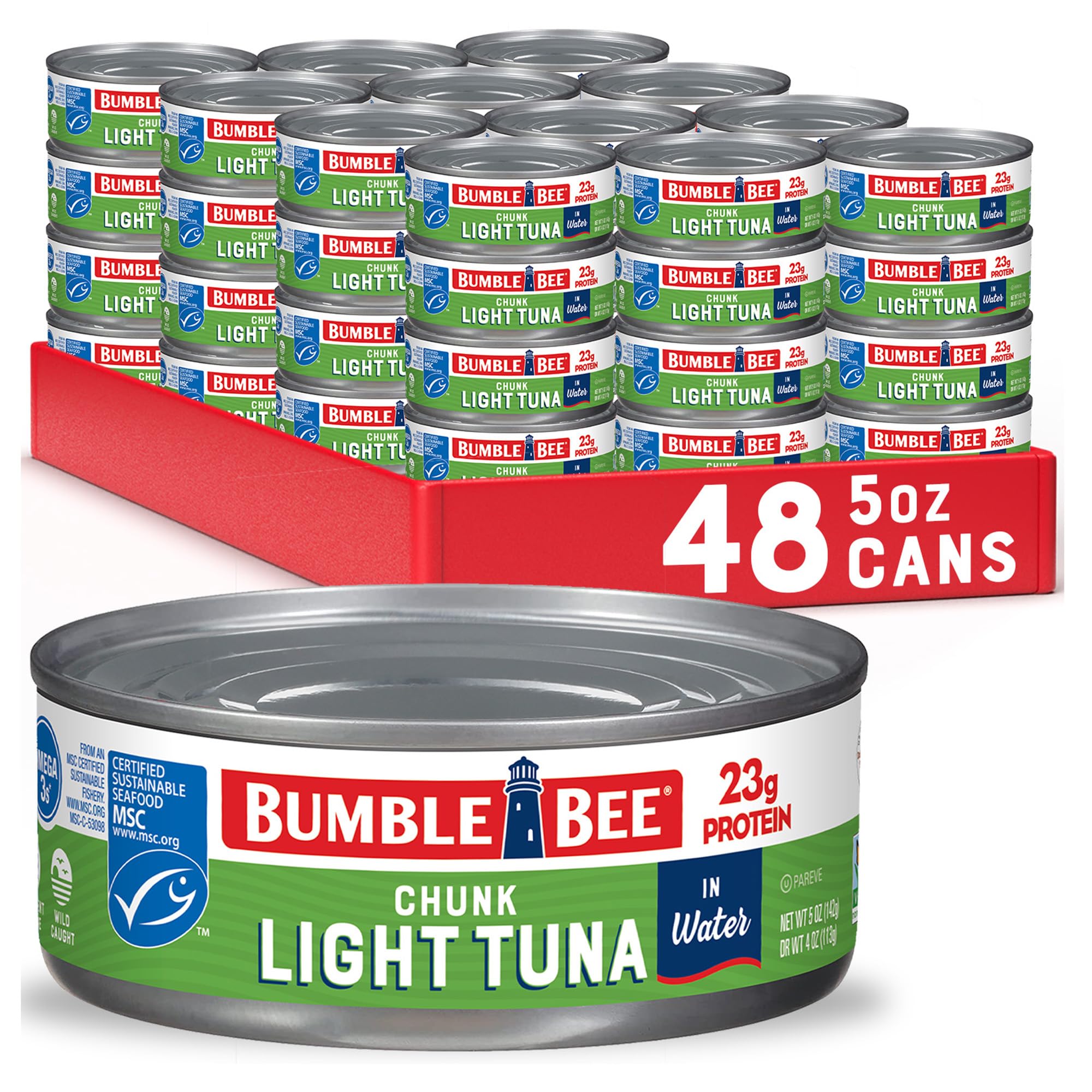 Bumble Bee Chunk Light Tuna In Water, 5 oz Cans (Pack of 48) - Wild Caught Skipjack Tuna - 23g Protein Per Serving - MSC Certified Sustainable Seafood, Non-GMO, Gluten Free, Kosher