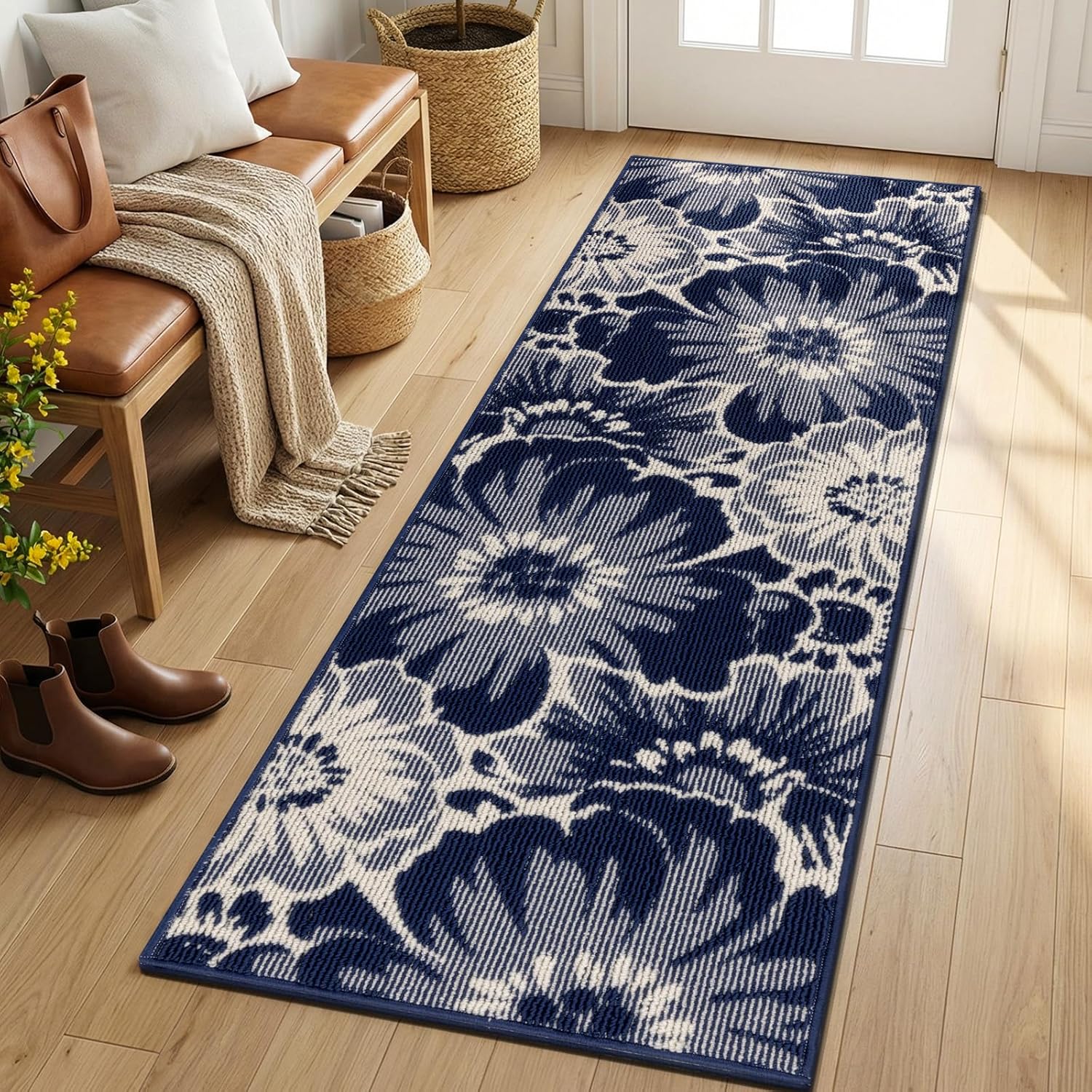Findosom Hallway Runner Rug 2x6, Non Slip High-Low Textured Floral Washable Runner Rug with Rubber Backing, Boho Carpet Runner for Kitchen, Entryway, Bedroom, Laundry, Navy