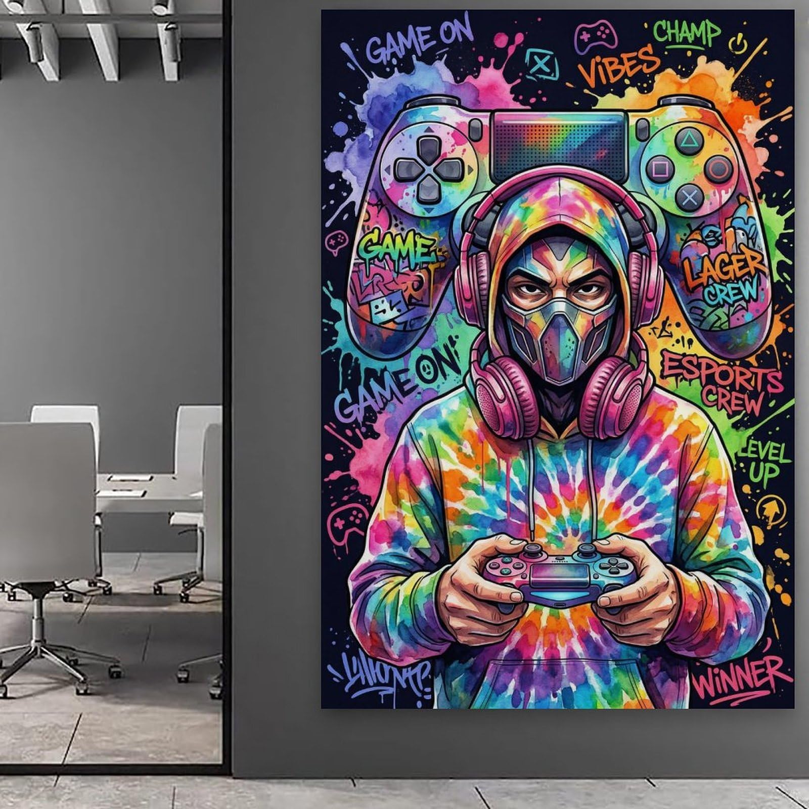 Decoración de habitación de jugadores para niños, arte de pared de graffiti, audífonos, impresión en lienzo, póster de videojuegos, para dormitorio de adolescentes, dormitorio, sala de juegos, hogar