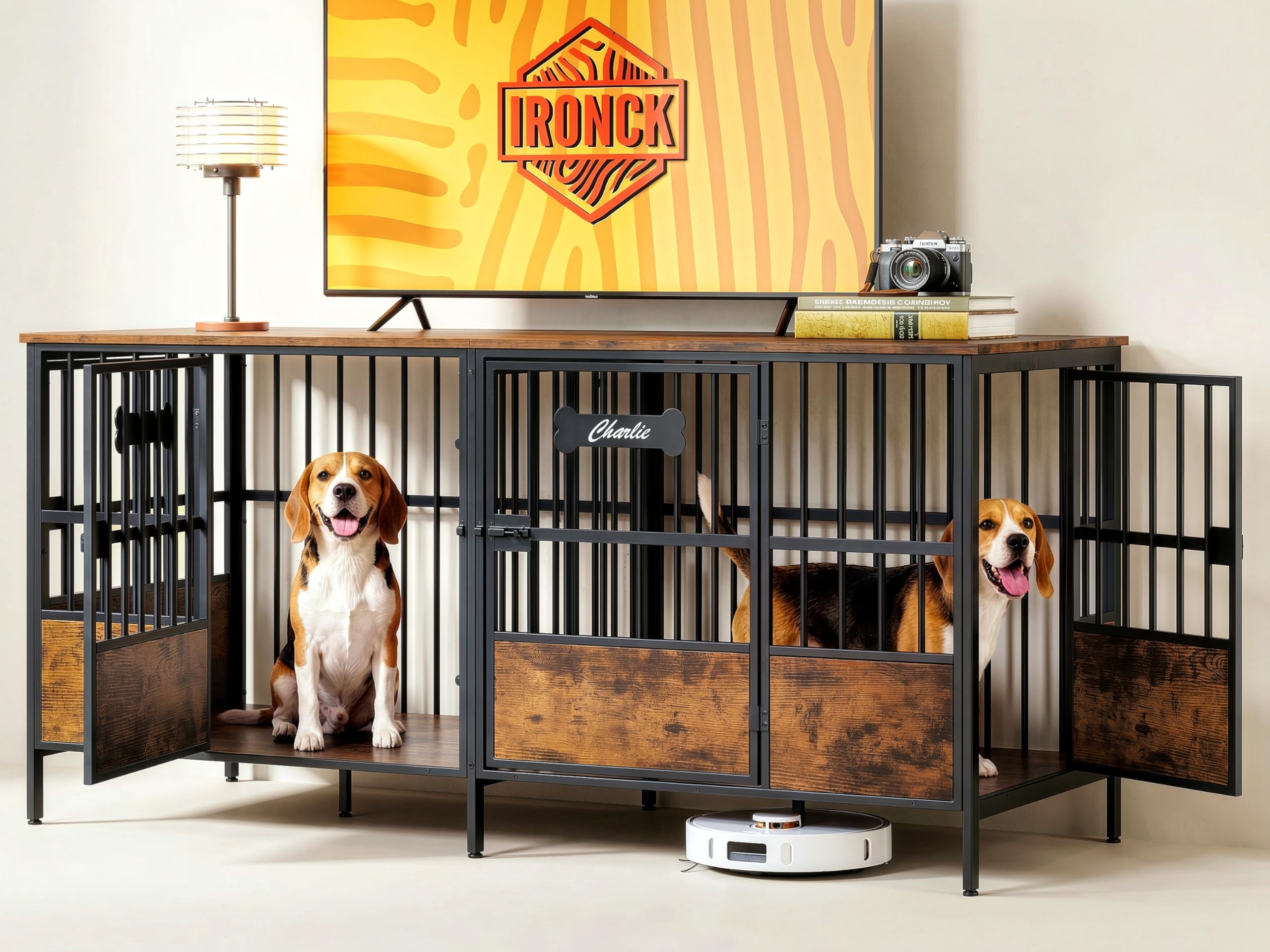 Photo 1 of ** CHECK COMMENTS***STOCK PHOTO FOR REFERENCE ONLY*** IRONCK 67" Dog Crate Furniture for 1 or 2 Dogs – Heavy Duty Dog Kennel with Adjustable Divider, Double Dog Cage as TV Stand, Rustic Brown