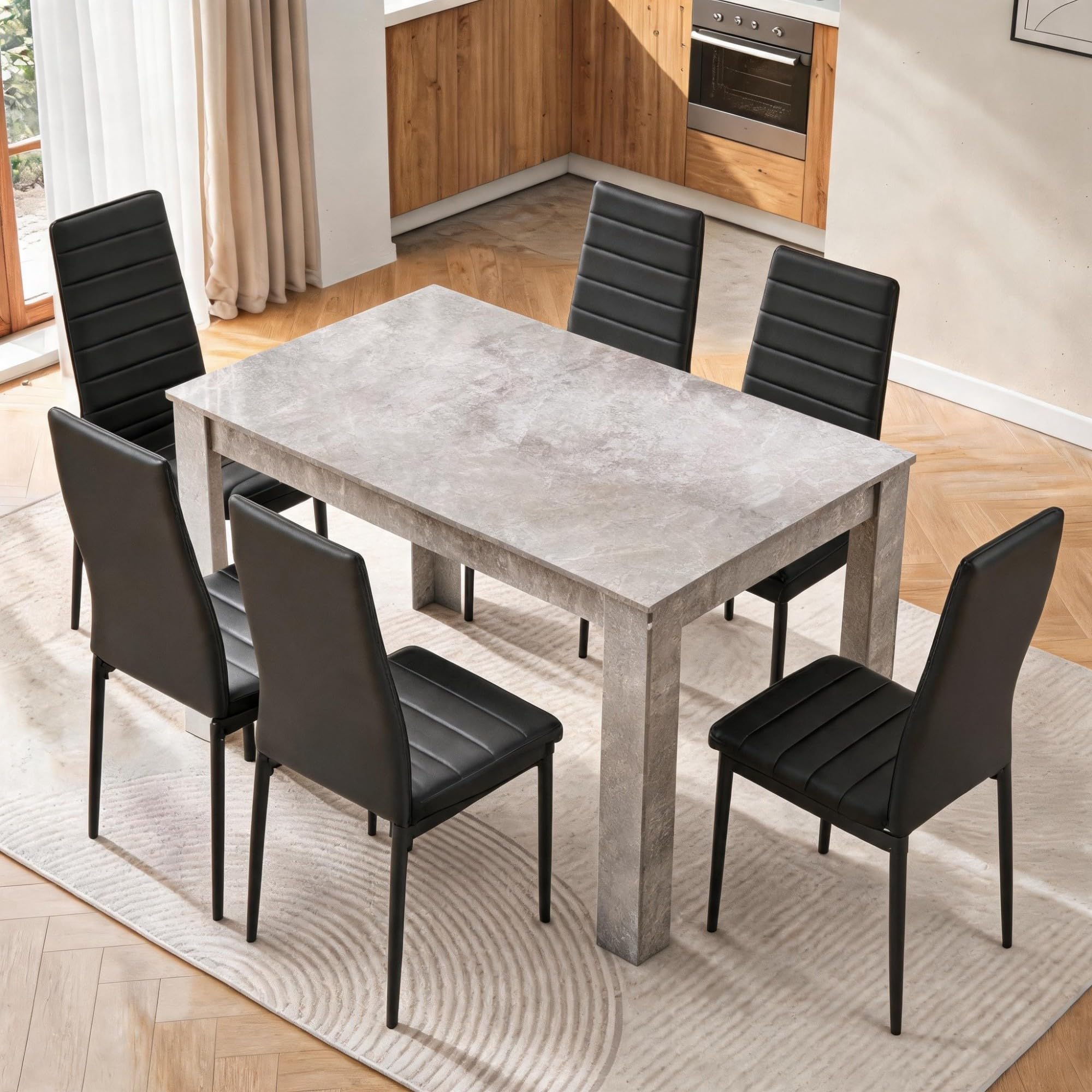 Homullel 120cm Dining Table and 6 Chairs, 6 Seater Kitchen Table and Chairs Set for Space Saving, Dining Room Set for 6, Grey (6 Seaters, Flannel Black)