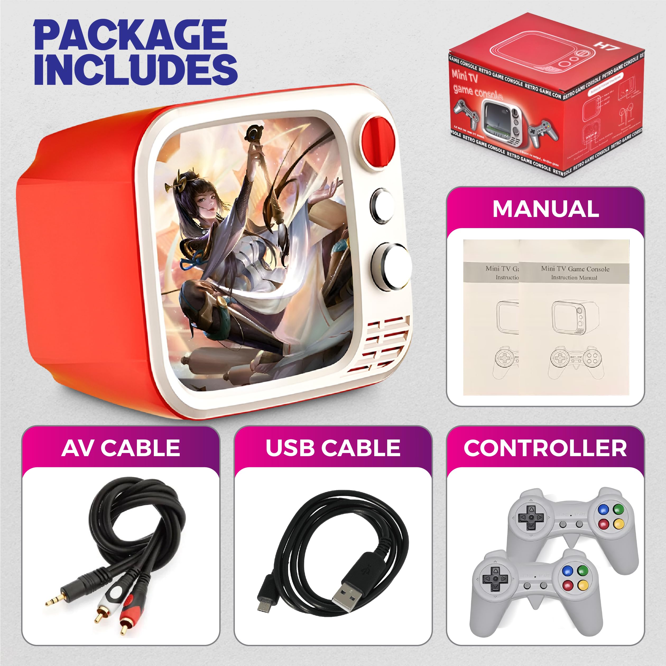 Tiny Arcade TV 3,5" Mini Retro Game - Console TV giocabile a due giocatori e con gameplay e suono reali, oltre 700 videogiochi classici, H7 (rosso)