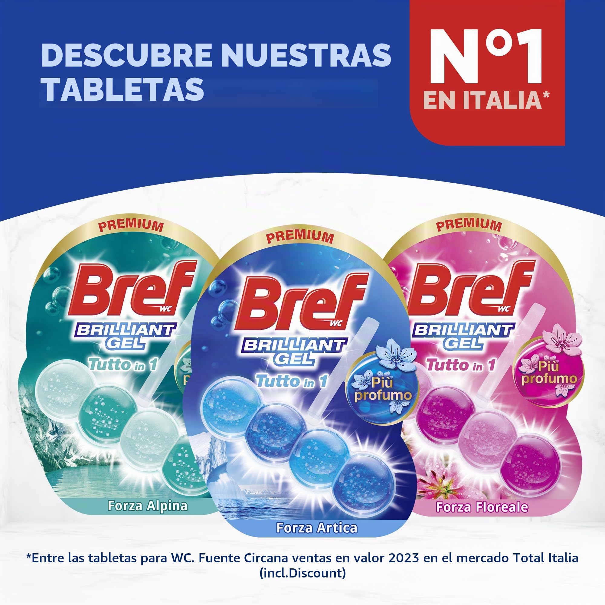 Bref Gel Brillante Océano Ártico Todo en 1 (pack de 11 unidades), cesta en gel para una limpieza completa,colgadores WC para la limpieza del baño, frescor duradero y brillo radiante