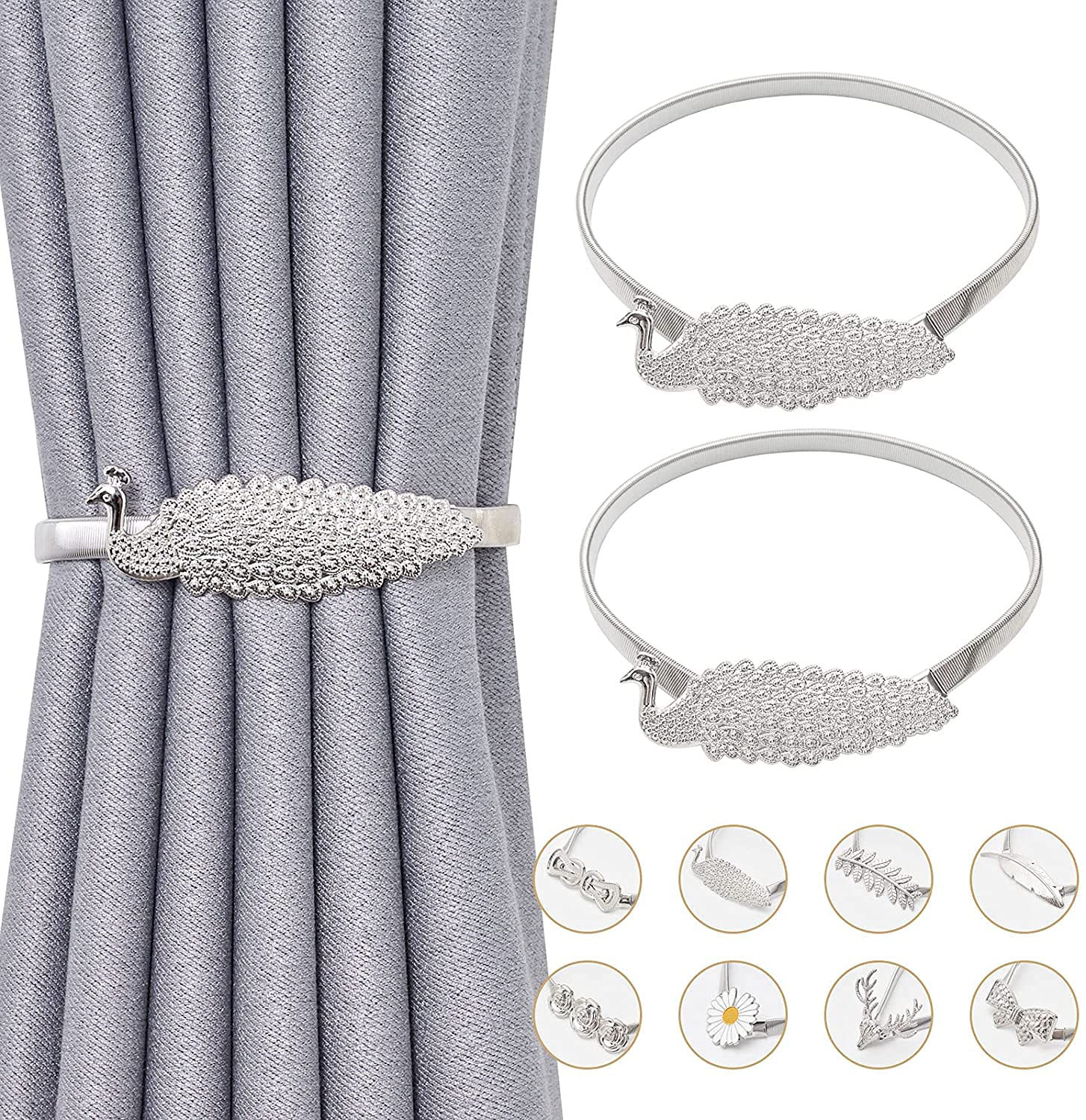 Anneau de rideau Lot de 2 embrasses de rideau en corde à ressort Embrasses de drapé en alliage décoratif pratique Embrasses de rideau de style simple moderne pour accessoires de rideaux fins (argent
