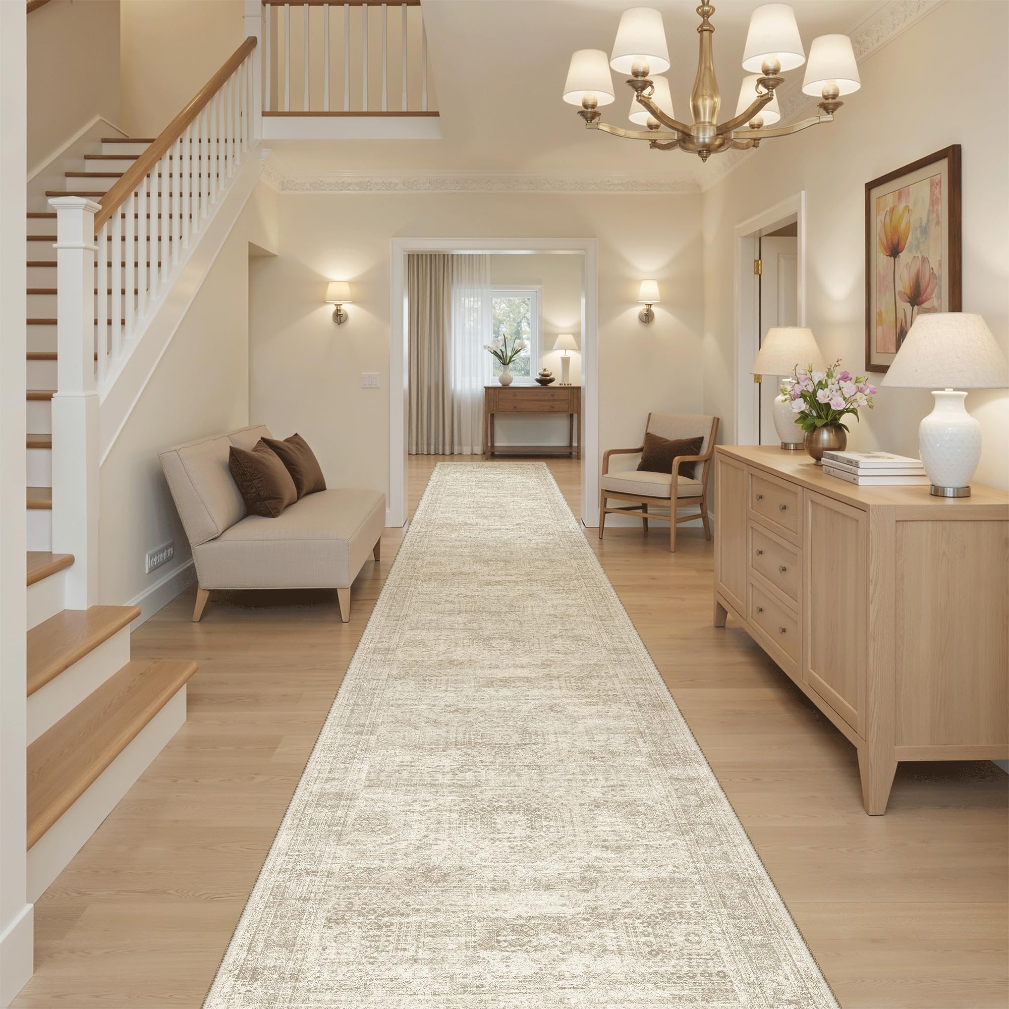 Soalmost Hallway Runner Rug 2'6" x 16' Washable Long Kitchen Rugs Beige | Non-Slip Vintage Runners 2.5x16ft for Bathroom Entryway, Thin Low-Pile Foldable Floor Carpet Mat 16 ft for Corridor Bedroom Beige 2'6" x 16' (Runner)