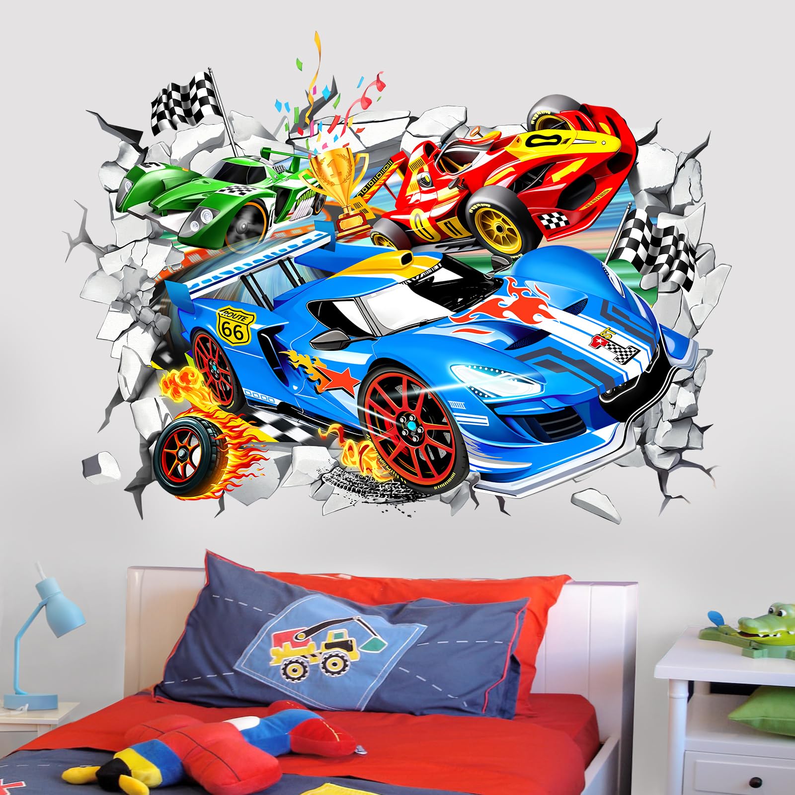 wondever Large 3D Racing Car Wall Stickers Vehicles Break Through Peel and Stick Wall Art Decals for Boys Room Kids Bedroom Playroom