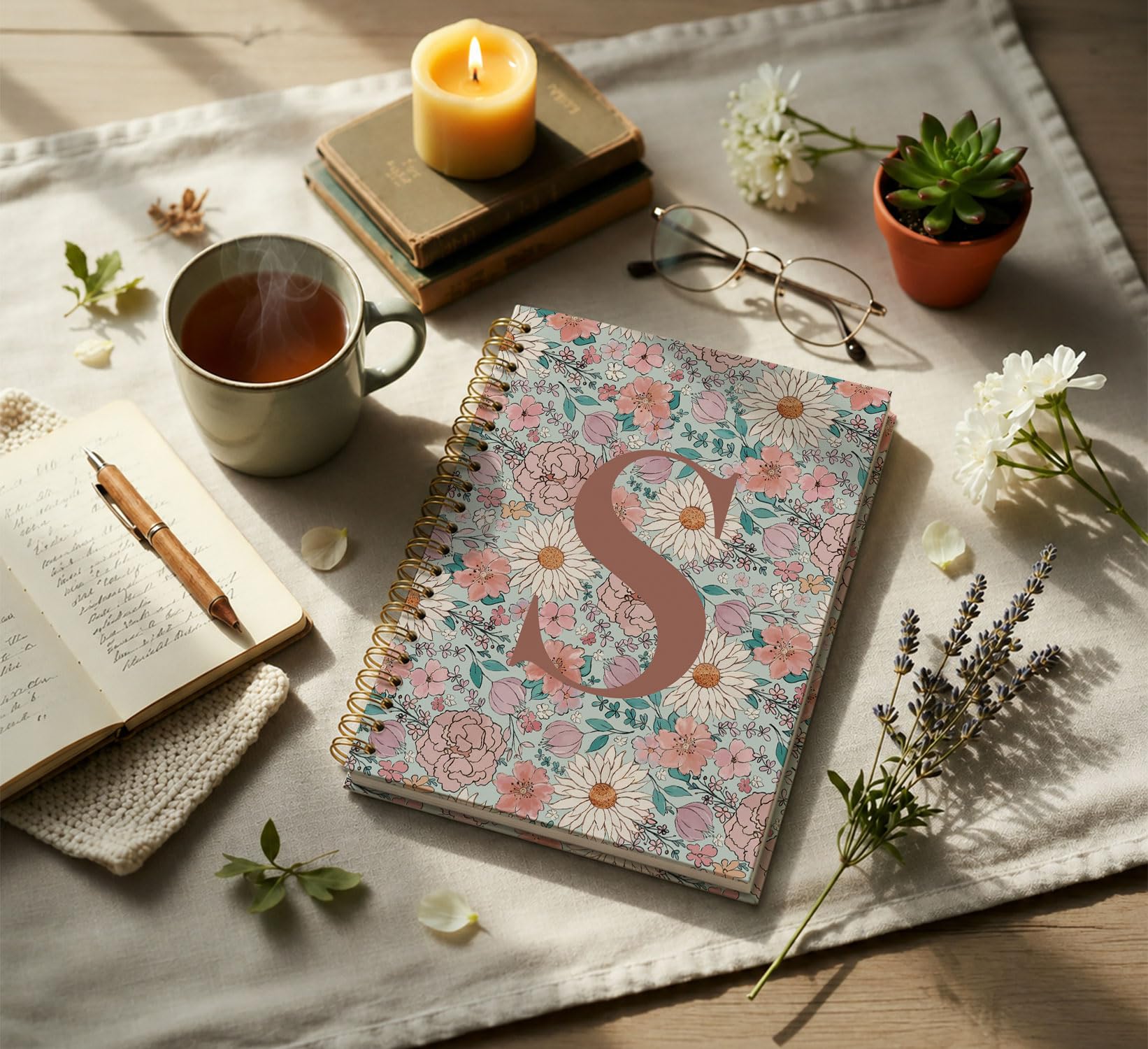 KDHTY Taccuino a spirale personalizzato con iniziale S, regalo vintage per ragazze adolescenti, con monogramma per donne e ragazze, quaderno a spirale con copertina rigida a righe, 14 x 20 cm