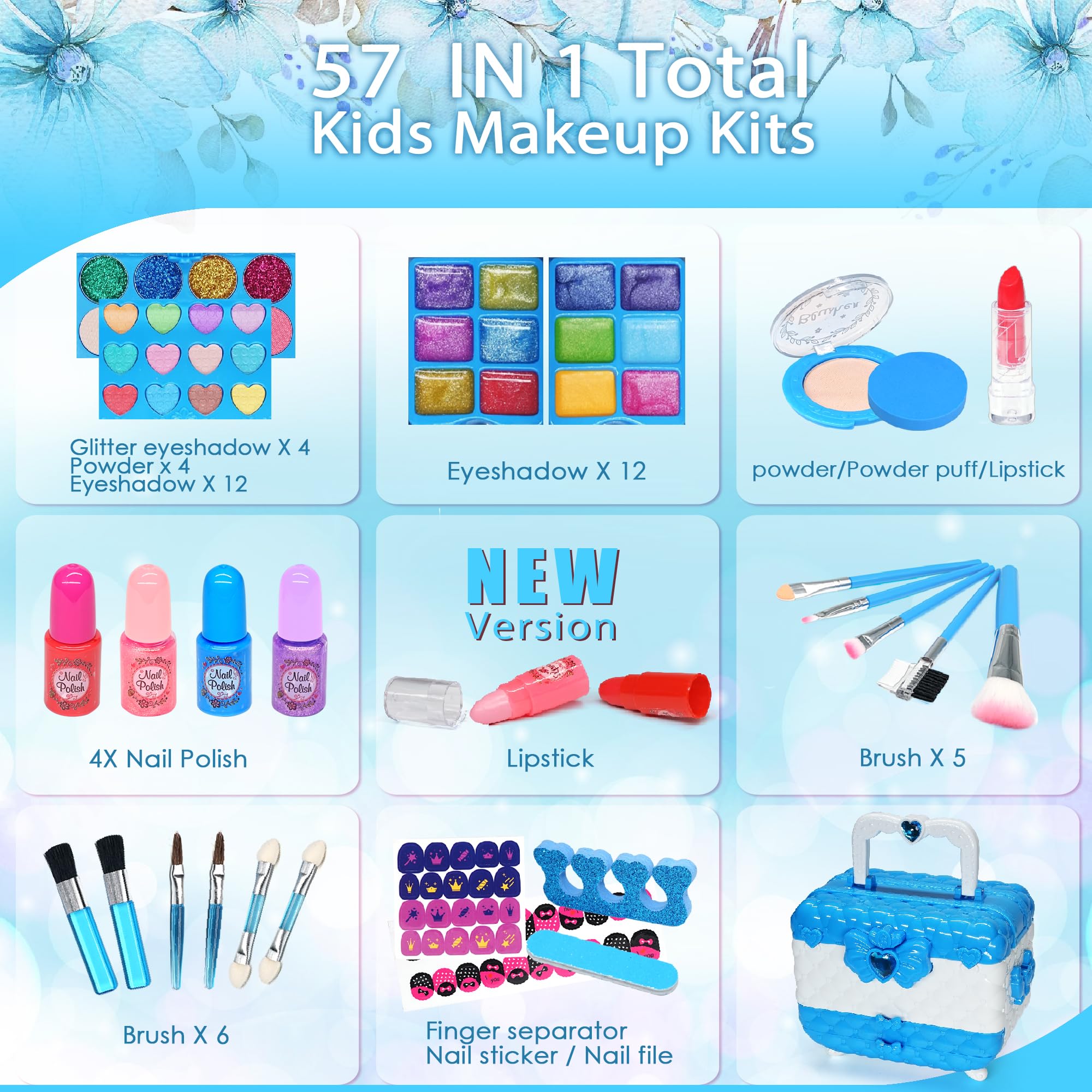 Kids Makeup Toys for Girls - Safe and Washable Makeup for Kids, Real Girls Make up Kit for Kids Toddler, Princess Birthday Gifts, Toys for Ages 5-7 (Blue)