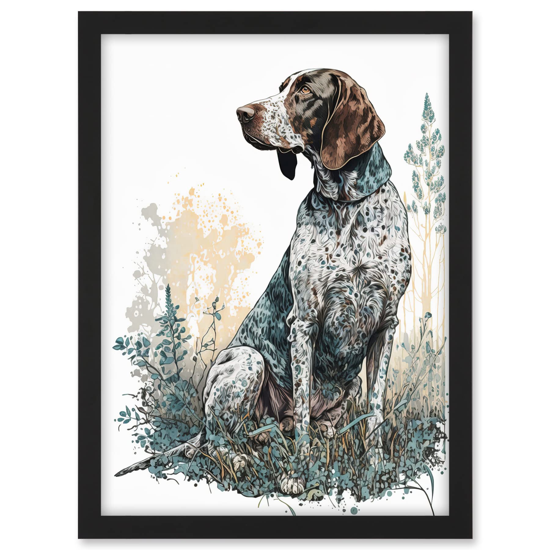 Artery8 German Pointer Dog Sitting in Field Modern Detailed Illustration Artwork Framed A3 Wall Art Print
