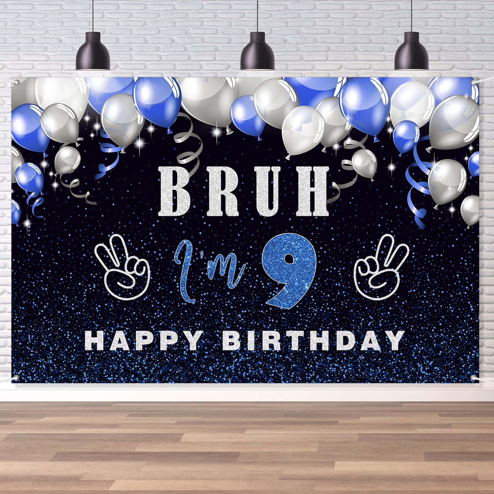 Bruh Happy 9th Birthday Backdrop, Bruh It's My Birthday Party Decoration for Boy Kid Preteen and Teen Funny Party Supplies- Blue and Black 6×4ft