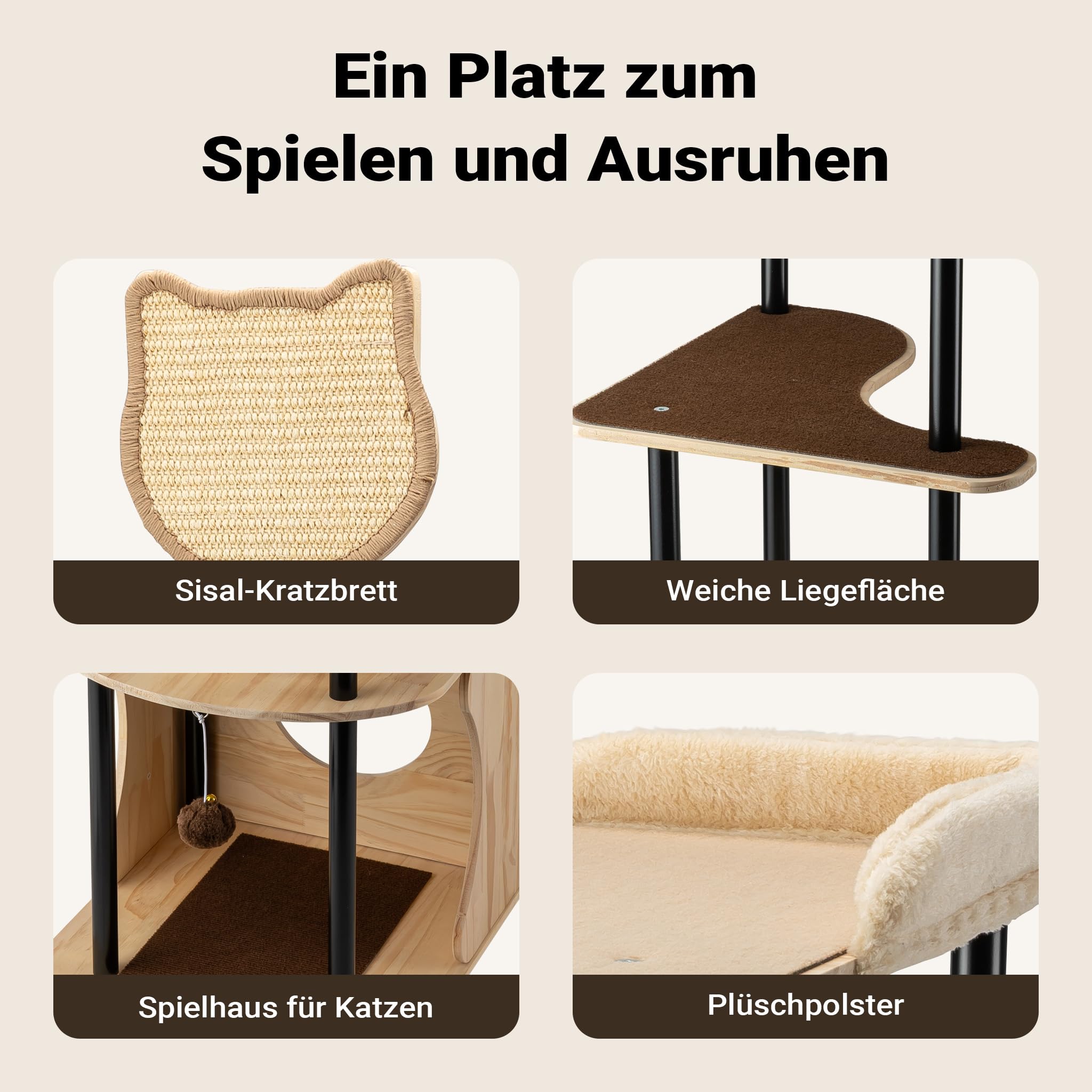Fudajo Kratzbaum aus Metall 48 x 48 x 168 cm mit Sisal, Kratzmöbel mit Kratzbrett, Katzenbaum mit großer Liegefläche und modernem Design