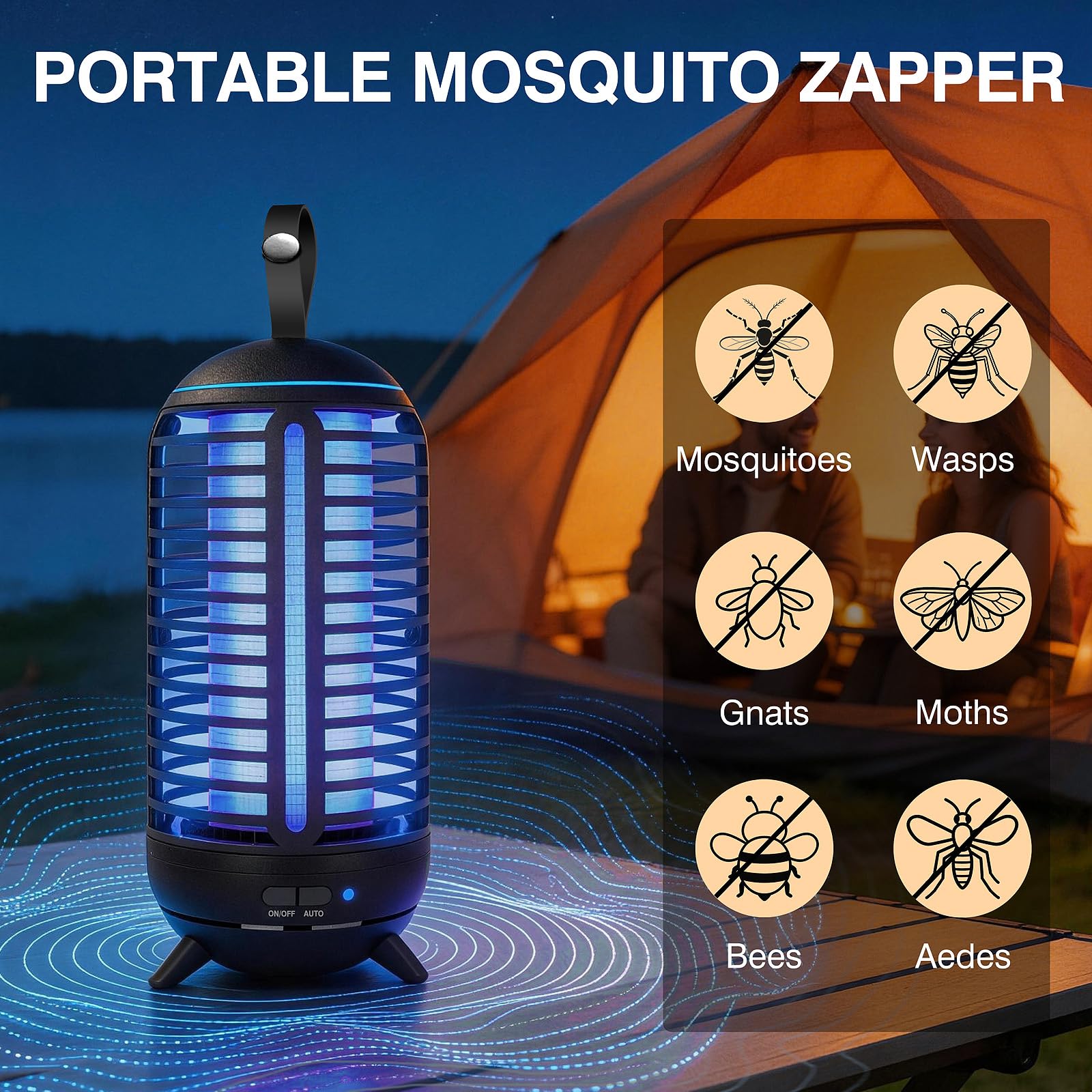 Bug Zapper Lampe anti-moustiques sans fil rechargeable 2 en 1 Piège électrique 2500 mAh Idéal pour l'intérieur, la terrasse, la maison, la cour, le jardin, le camping (Noir) 1