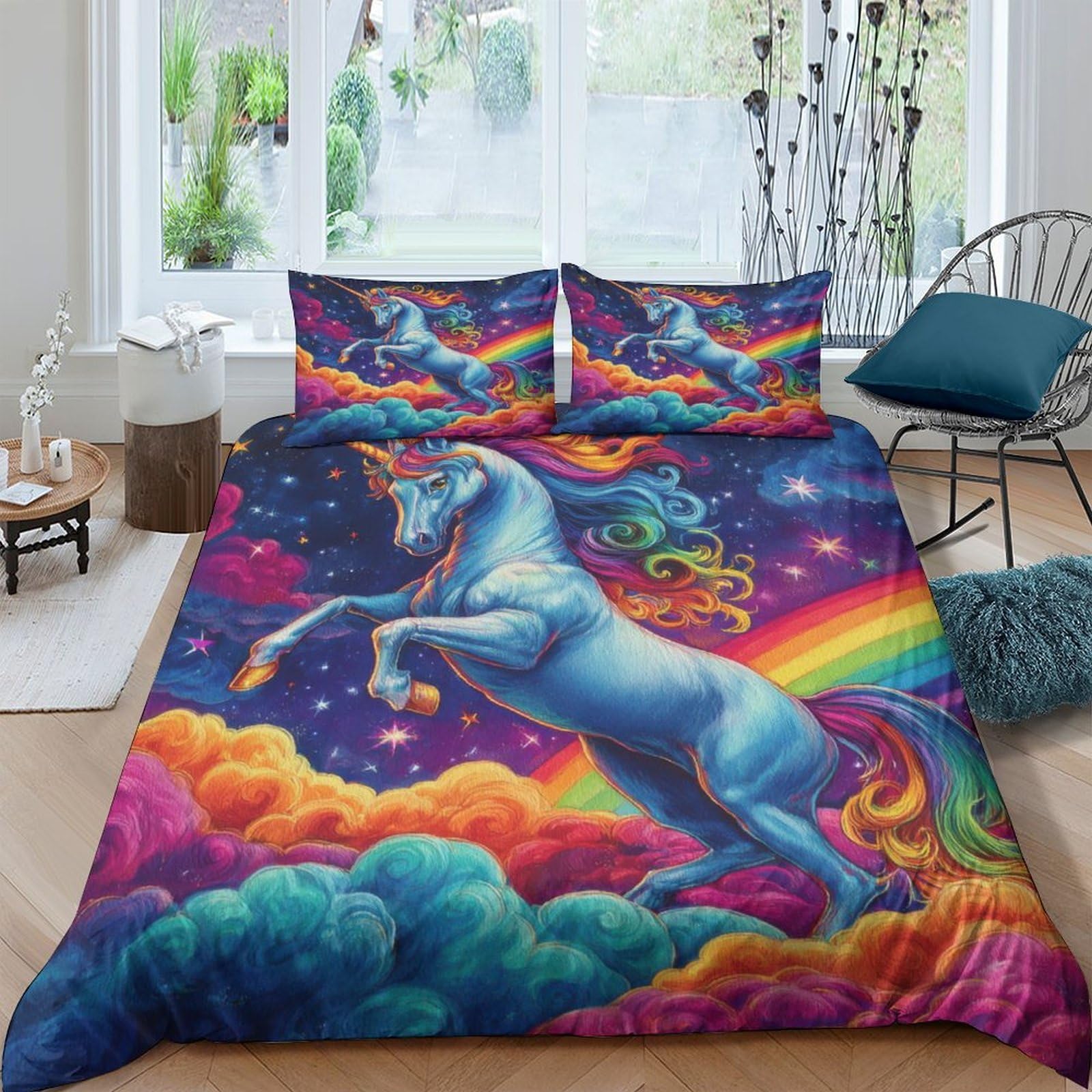 Ctjqhvkz Style-10 3D Printed Rainbow Unicorn Fitted Sheet Microfiber Soft Colorful Sky Bed Cover For Bedroom Guestroom Mattress Protection Decor Single（135X200cm）