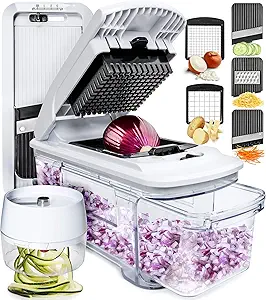 Fullstar All-in-1 Vegetable Chopper and Mandoline Slicer for Kitchen - Cheese Grater, French Fry Cutter, Cheese Slicer - Bonus Handheld Spiralizer Included (6 in 1, Black/White)
