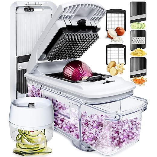 Fullstar All-in-1 Vegetable Chopper, Mandoline Slicer & Cheese Grater | Multi Blade French Fry Cutter & Veggie Dicer | Includes Bonus Handheld Spiralizer & Kitchen Gadgets