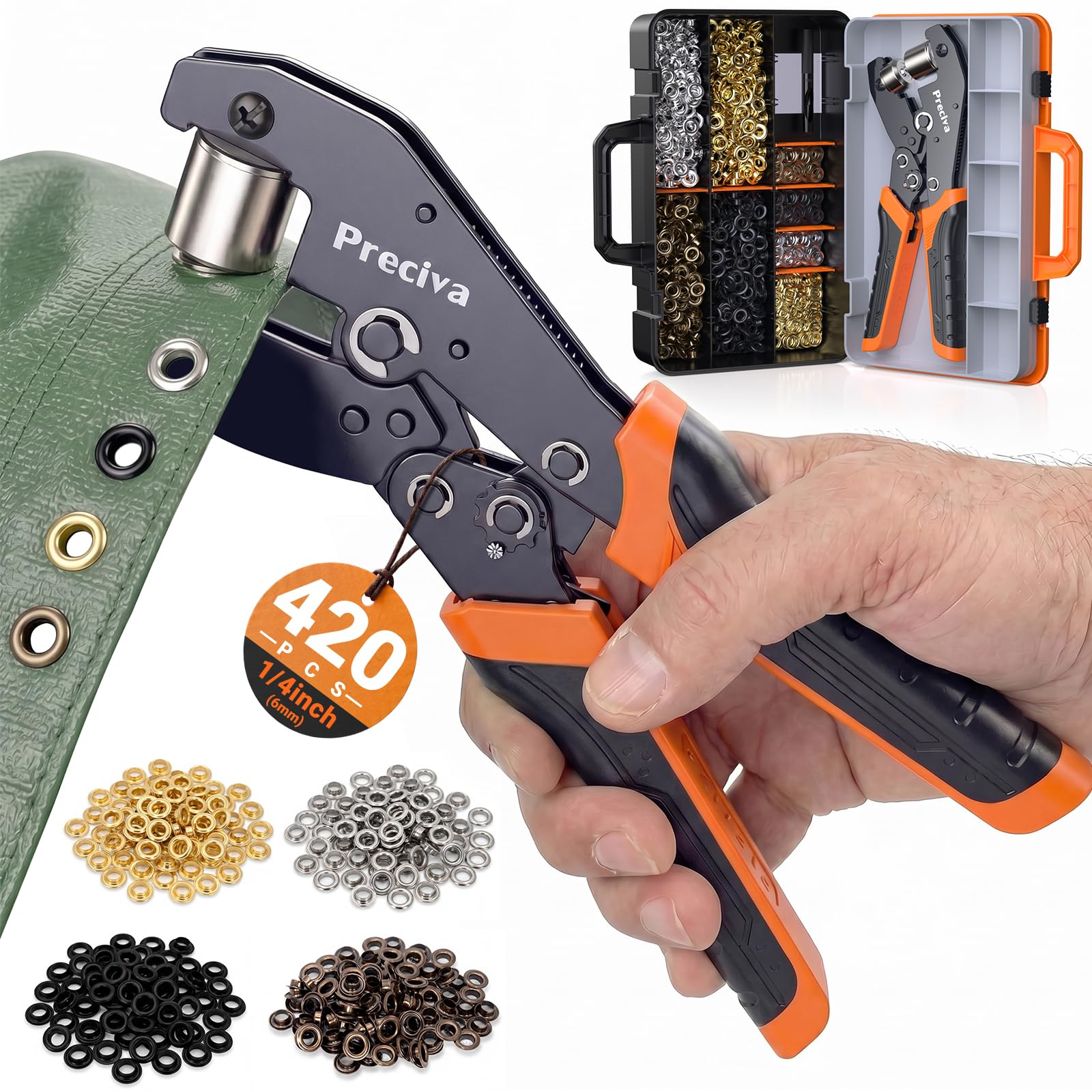 Preciva Kit de Pince à œillet Avec Coffret, Comprenant Quatre Couleurs œillet Couture 6 Mm (420 Pièces), Idéal Pour Bâches, Tissu, Toile, Carton, Bannières En PVC Et Le Bricolage