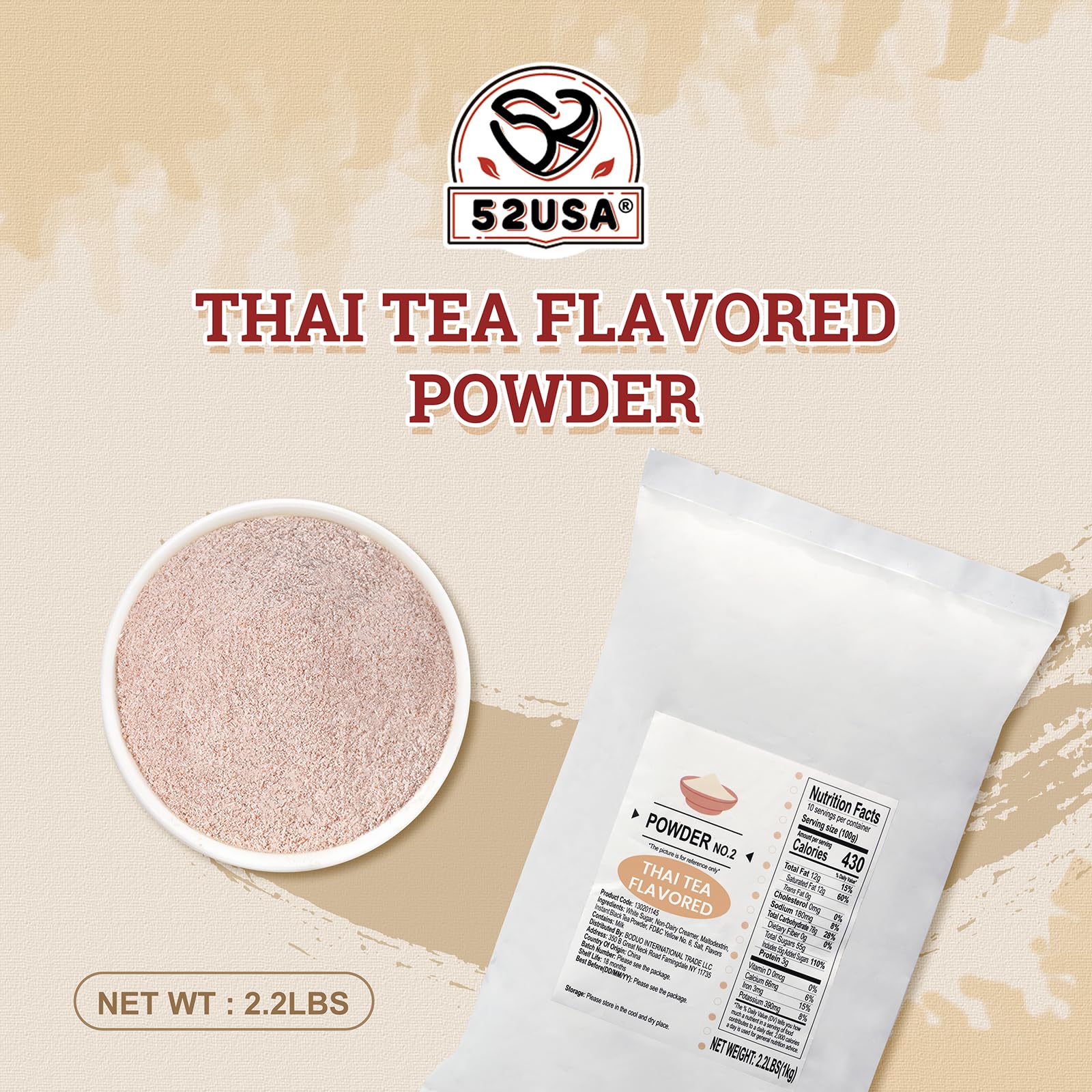 52USA Thai Tea Flavored Powdered Drink Mix, Thai Tee Mix 2.2 lbs, Instant Milk Tea Mix with Creamer & Sugar, Easy to Prepare for Boba, Desserts & More