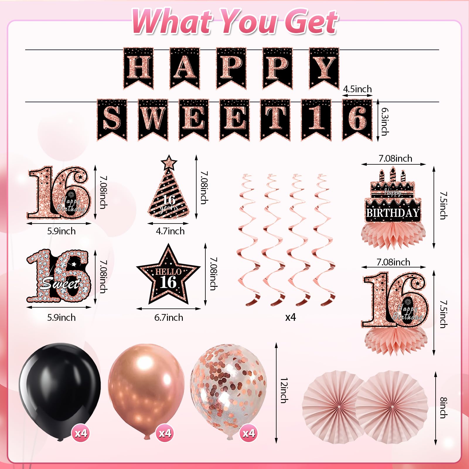 Turypaty Kit de decoración de cumpleaños número 16 para niñas, números