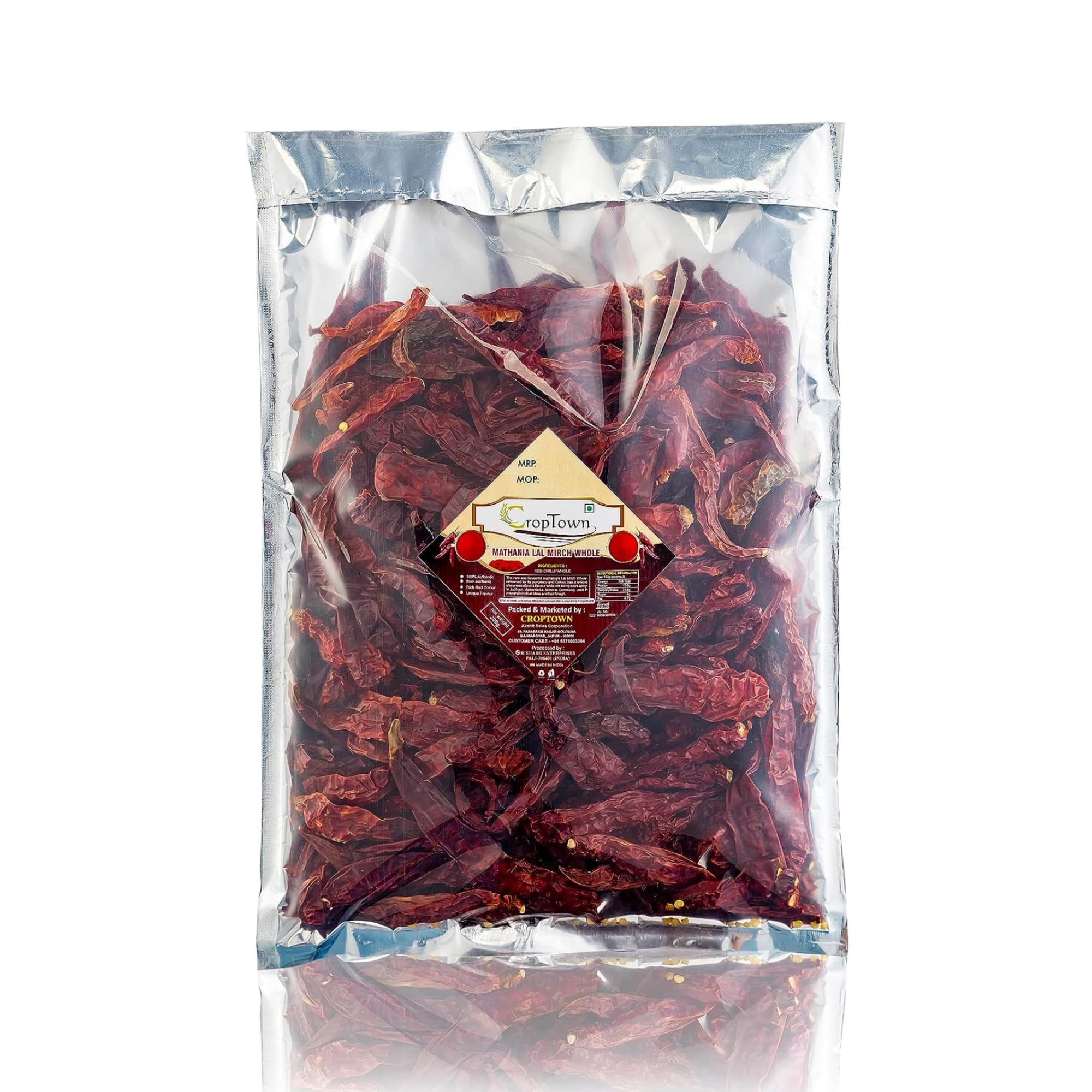 CropTown Rajasthani Mathania Red Chilli (Lal Mirch) (Stemless) Sortex Clean Indian Origin Red Chilli - 100 Gram, dried